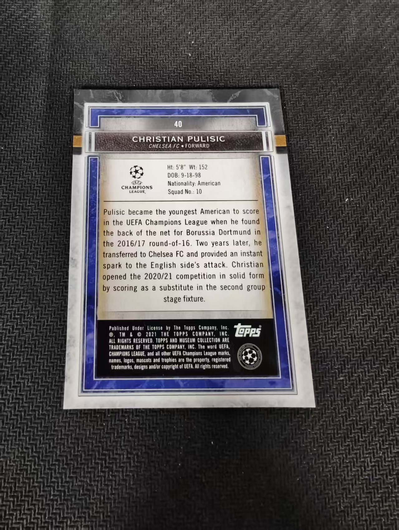 【可合并,不累计】2021-22 Topps Museum 欧战博物馆 CHRISTIAN PULISIC 切尔西 普利希奇 美国 多特蒙德 AC米兰 边角瑕疵