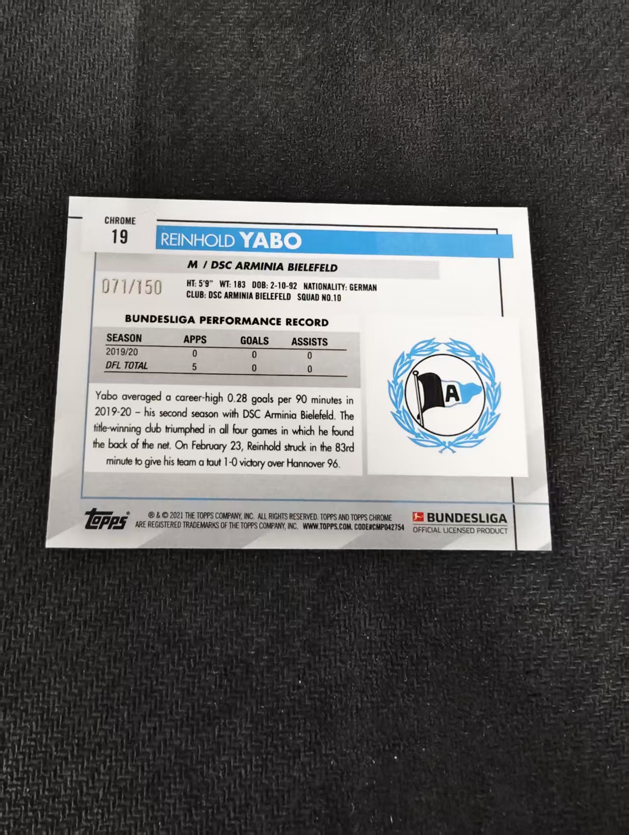【可合并,不累计】2021 Topps CHROME Reinhold Yabo 德甲 雅博 比勒菲尔德 蓝波纹 150编 划痕 边角瑕疵