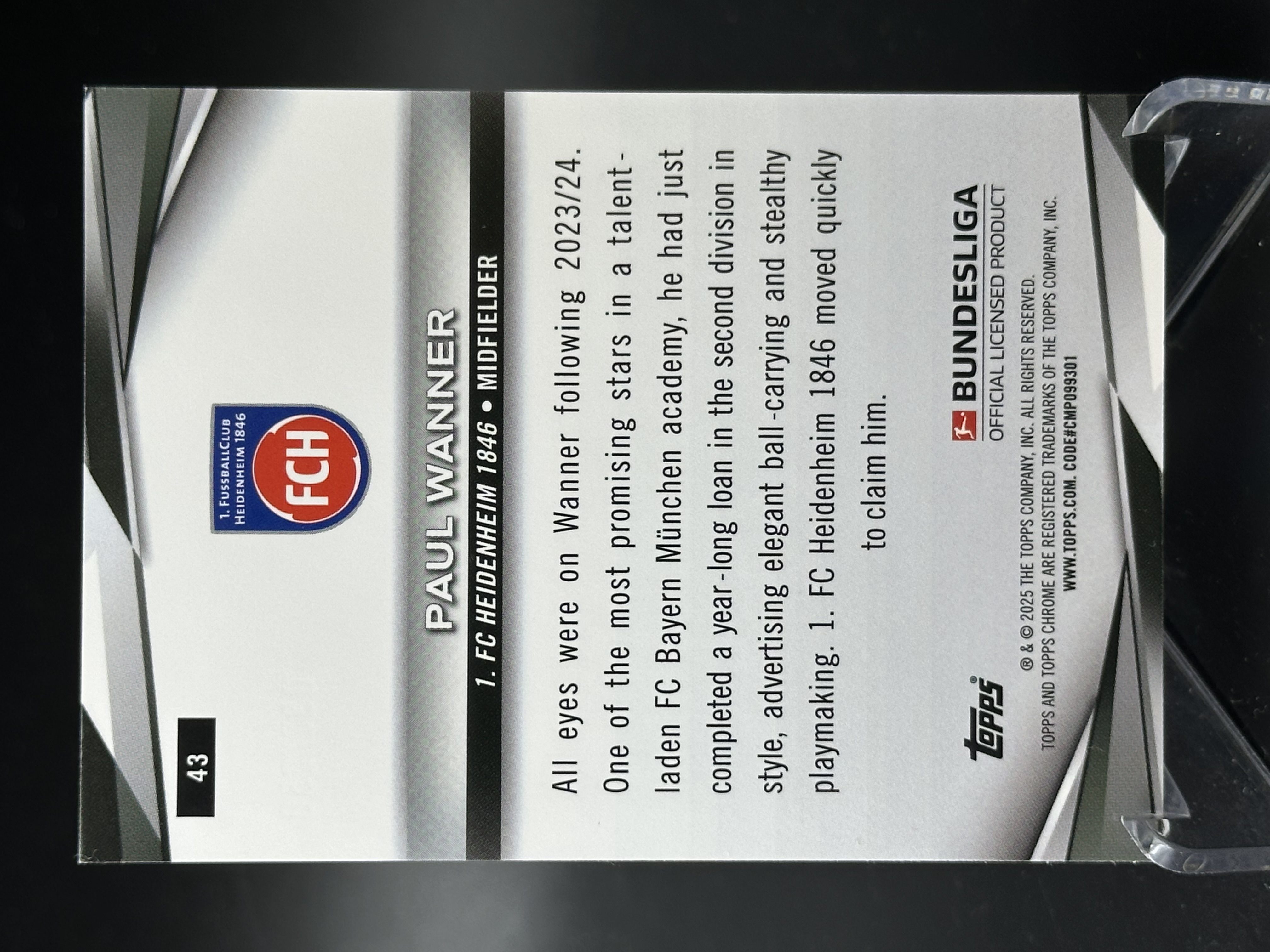 2024-25 Topps Chrome Paul Wanner 【小黄拍卖】德甲 保罗 万纳 海登海姆 绿折 061/250编「cook」