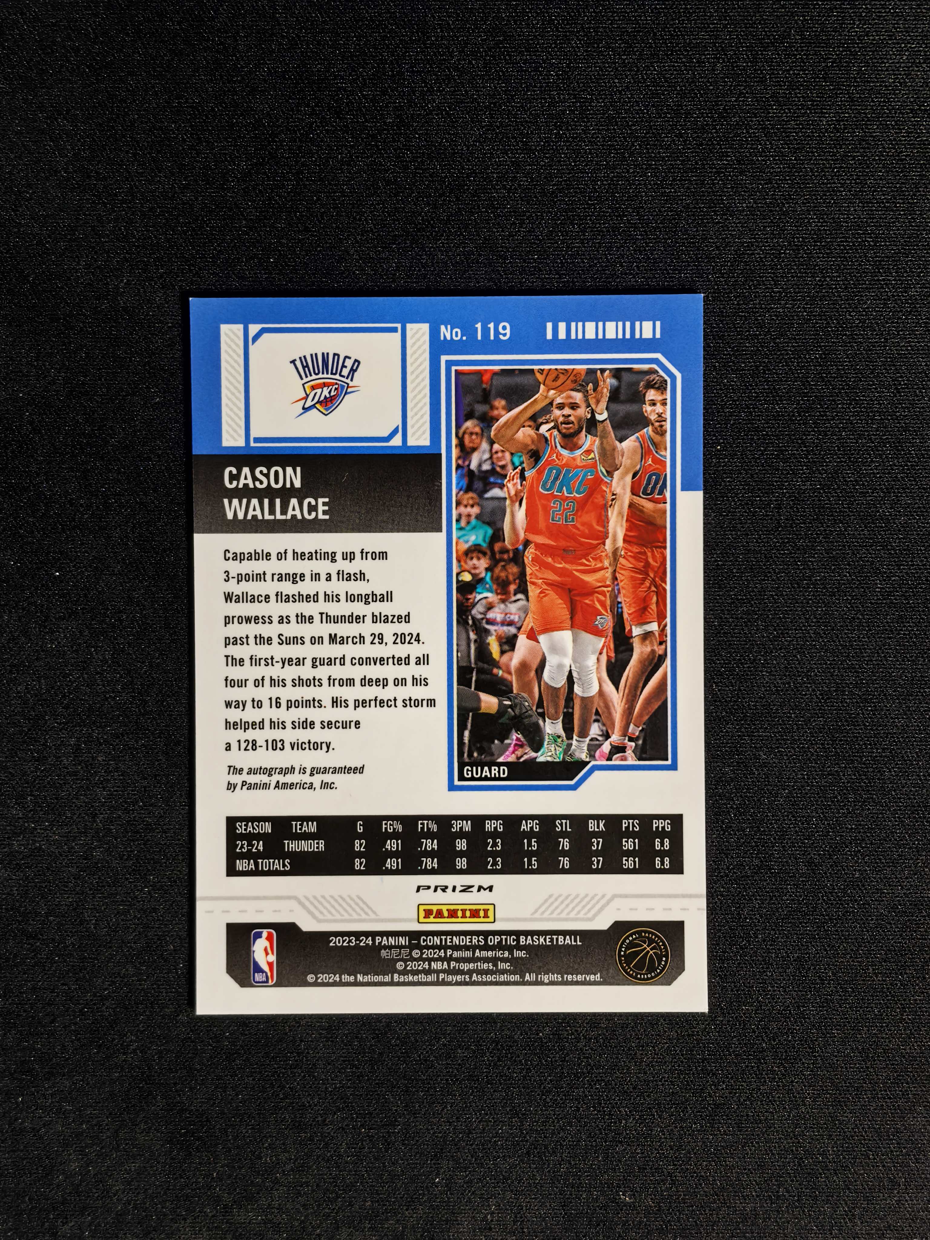 2023-24 Panini Contenders Optic Cason Wallace 凯森 卡森 华莱士 新秀RC 雷霆 银折 签字 卡签 收藏必备 卡品如图 困困 【CYT球星卡】