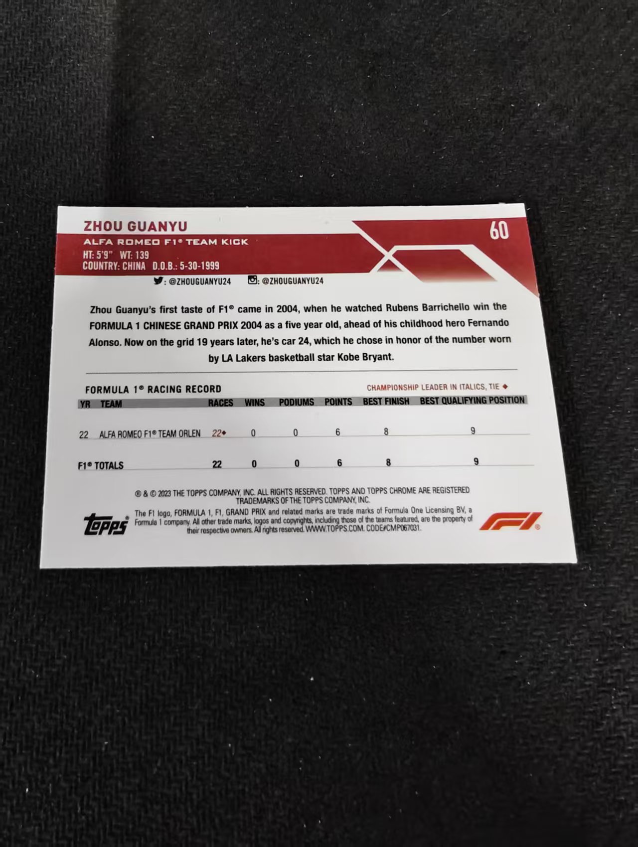 2023 Topps Chrome F1 Zhou Guanyu 周冠宇 阿尔法罗密欧 划痕 边角瑕疵 #60
