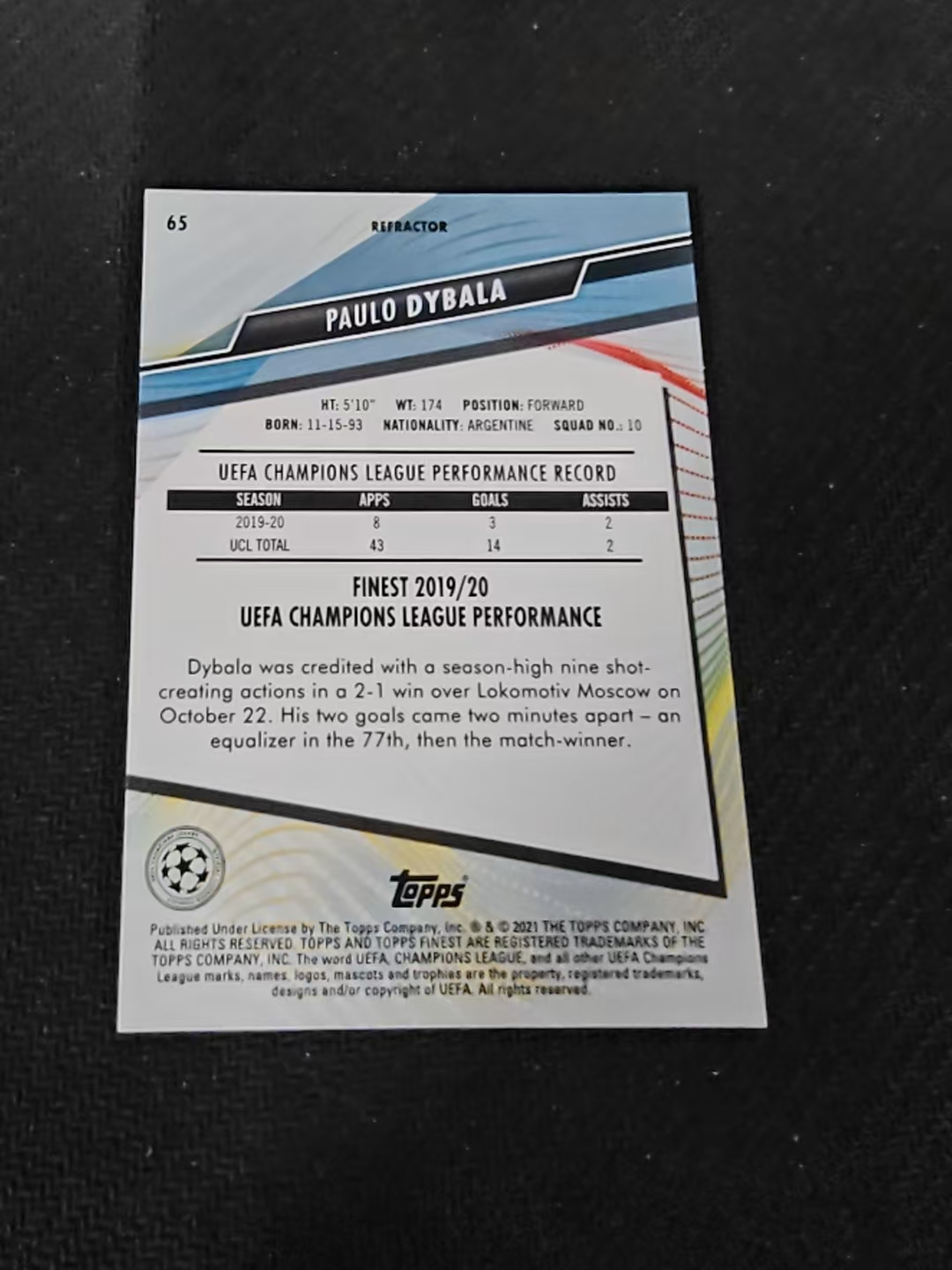 【可合并,不累计】2021 Topps Finest Paulo Dybala 欧冠 迪巴拉 尤文图斯 小魔仙 银折 划痕 边角瑕疵 #65