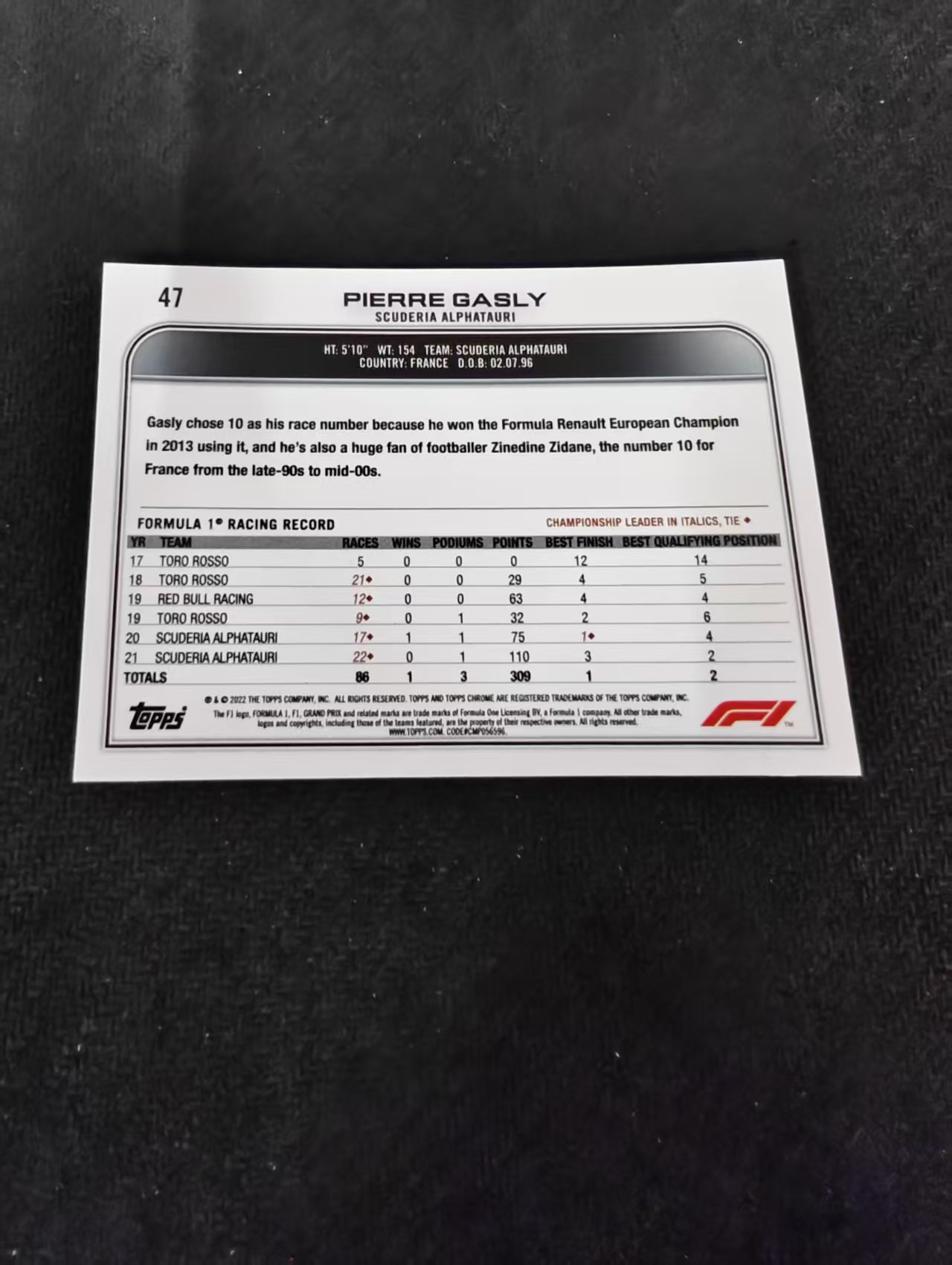 2022 Topps Chrome F1 Pierre Gasly 皮埃尔 加斯利 小红牛 划痕 边角瑕疵 #47