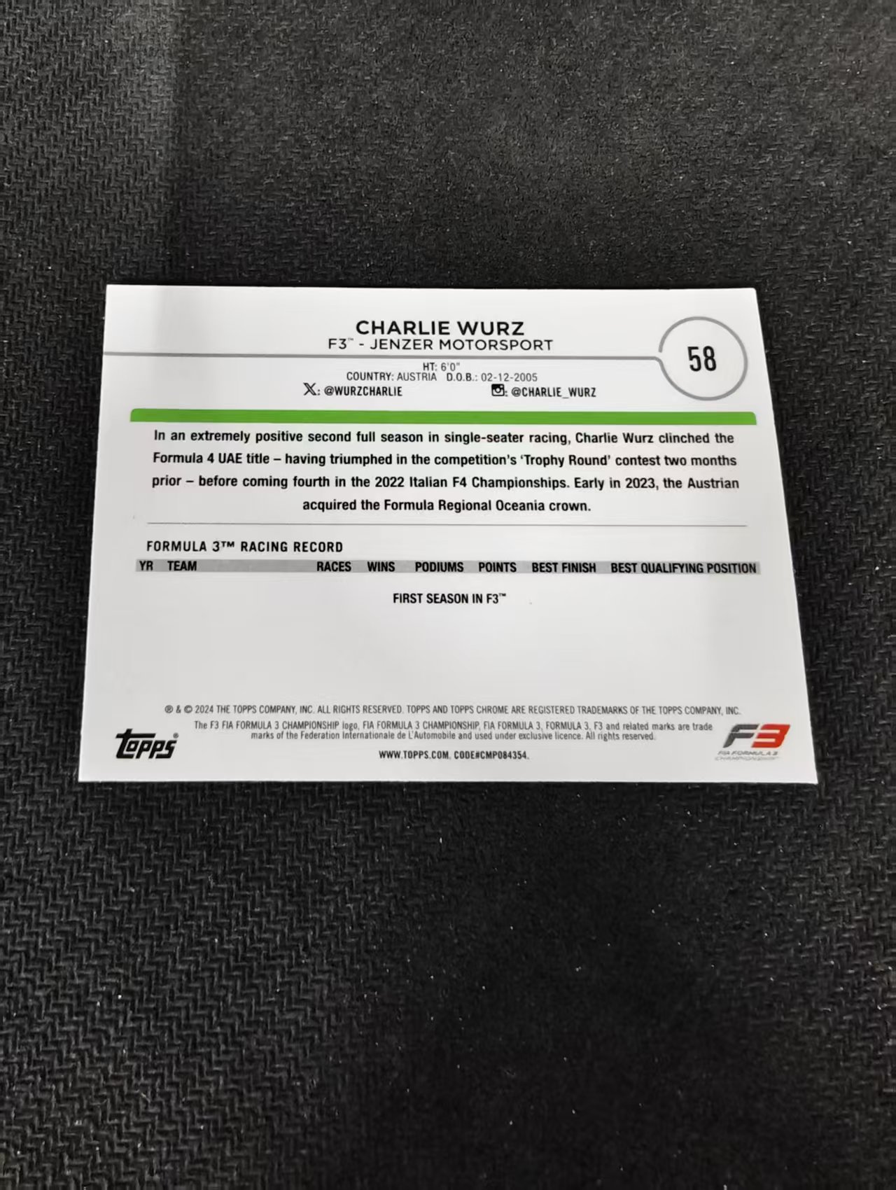 2024 Topps Chrome charlie wurz F1 F3 查理 伍尔茨 F3 划痕 边角瑕疵 #58
