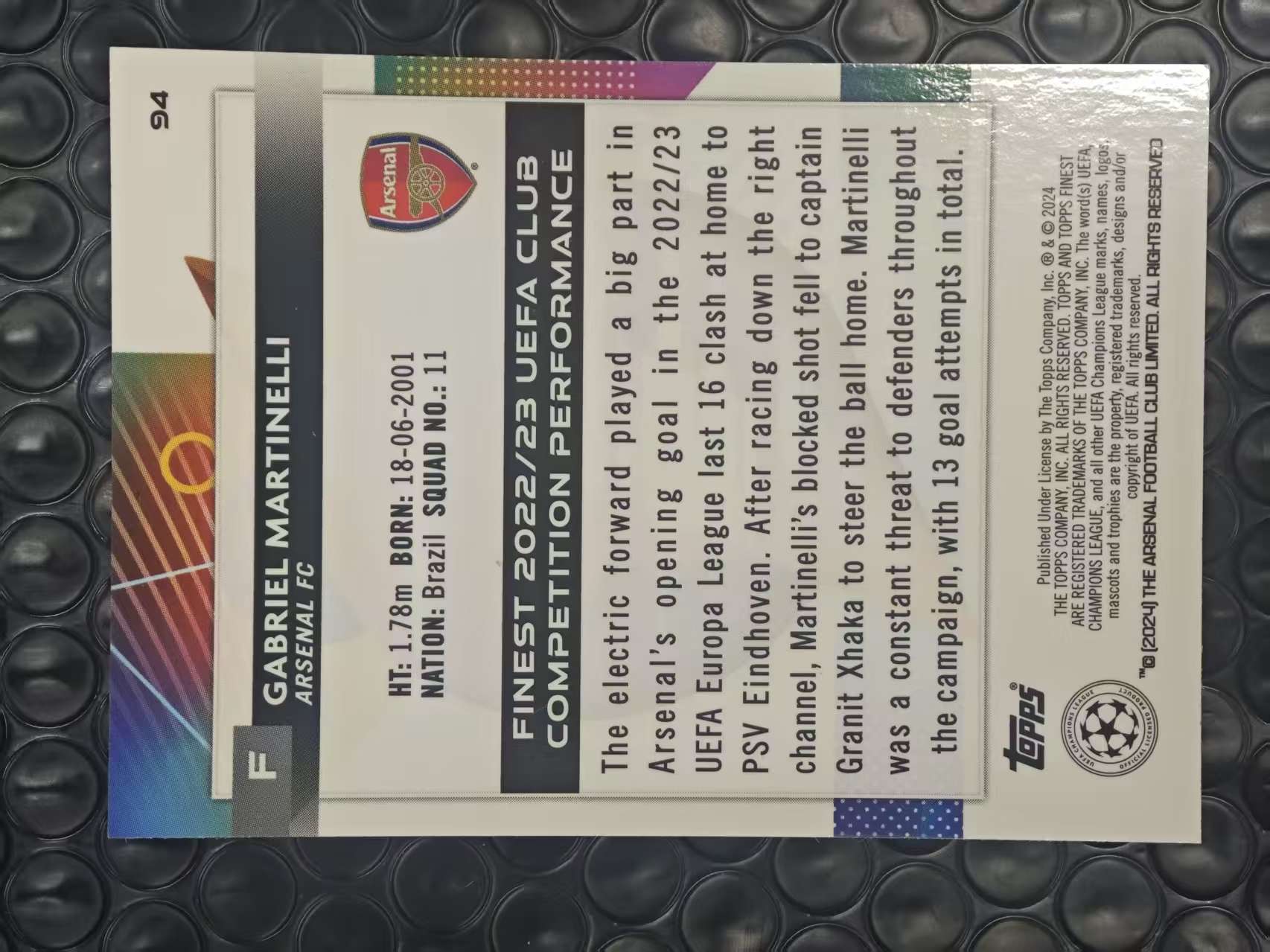 2023-24 Topps Finest Gabriel Martinelli 欧冠 阿森纳 枪手 巴西 加布里埃尔 马丁内利 12/75编 粉折 折射 卡品如图【原地起飞卡社】MVP11.6