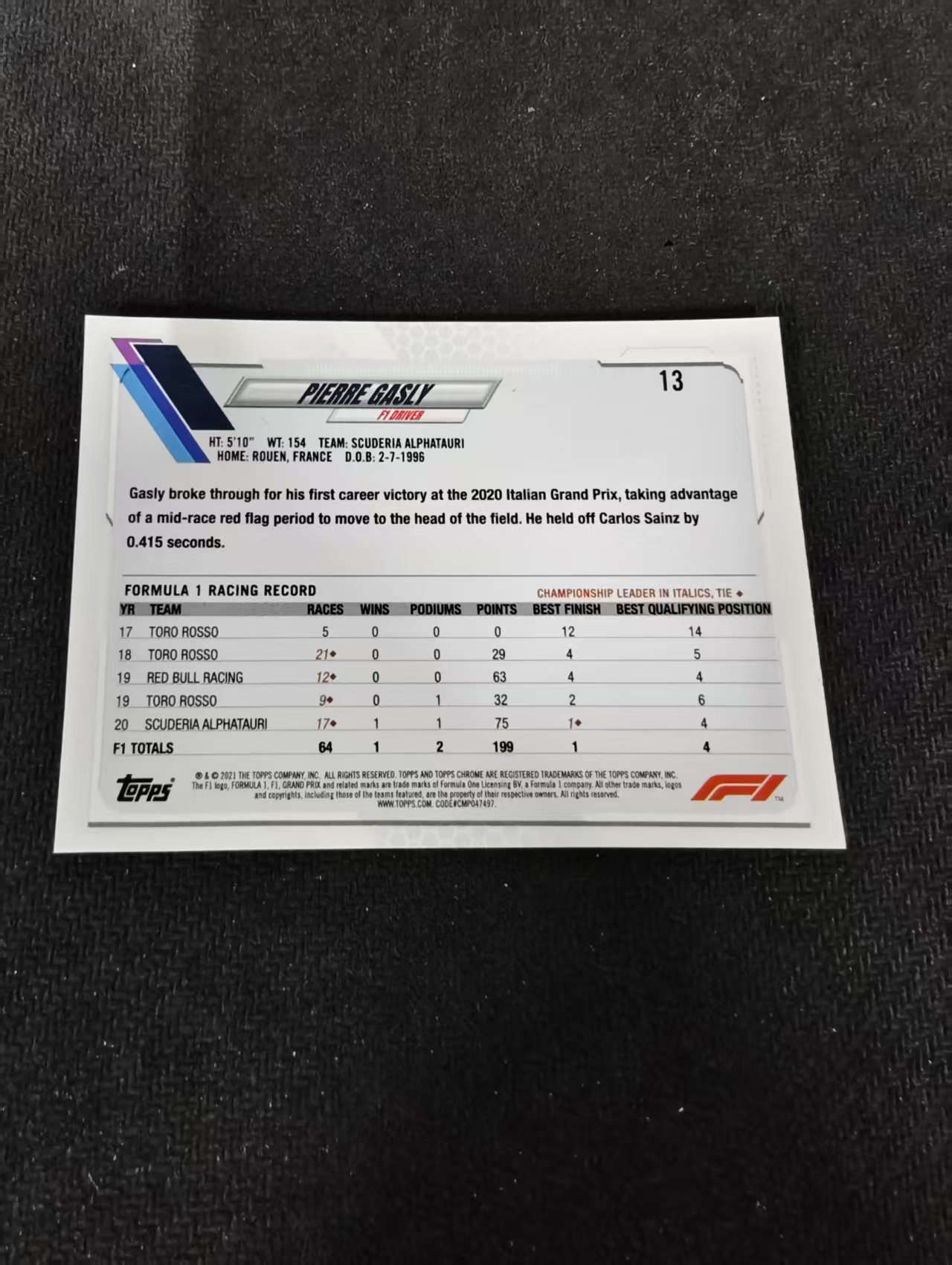 2021 Topps Chrome Pierre Gasly F1 皮埃尔 加斯利 划痕 边角瑕疵 #13