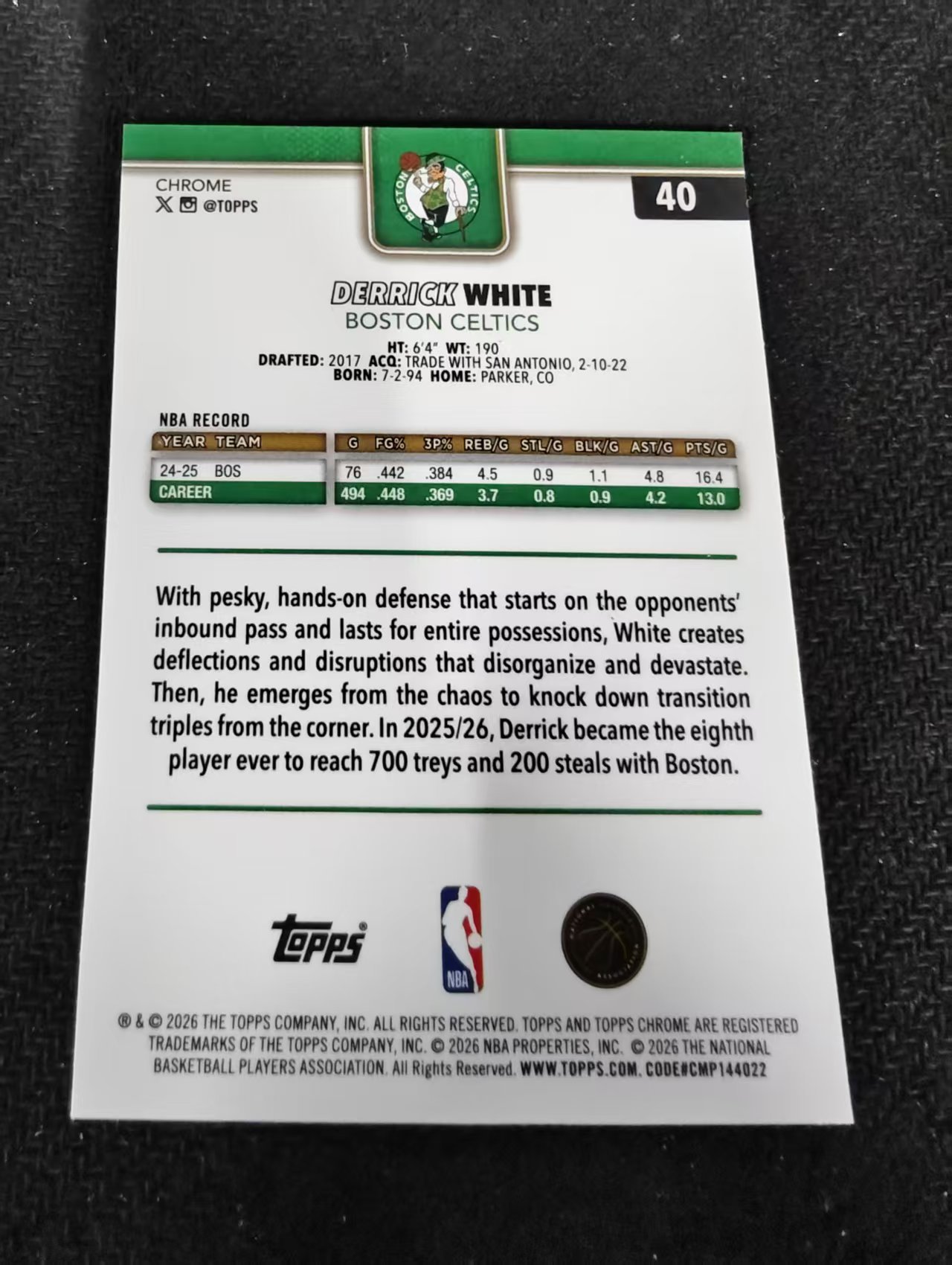 2026 Topps Chrome Update DERRICK WHITE 凯尔特人 德里克 怀特 TCU 划痕 边角瑕疵 #40