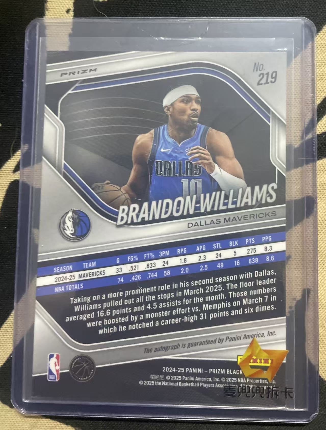 2024-25 Panini Prizm brandon williams 布兰登·威廉姆斯 独行侠 pz 签字 贴签 新赛季打的很好 未来可期 银折 折射 值得收藏(猴子卡社)