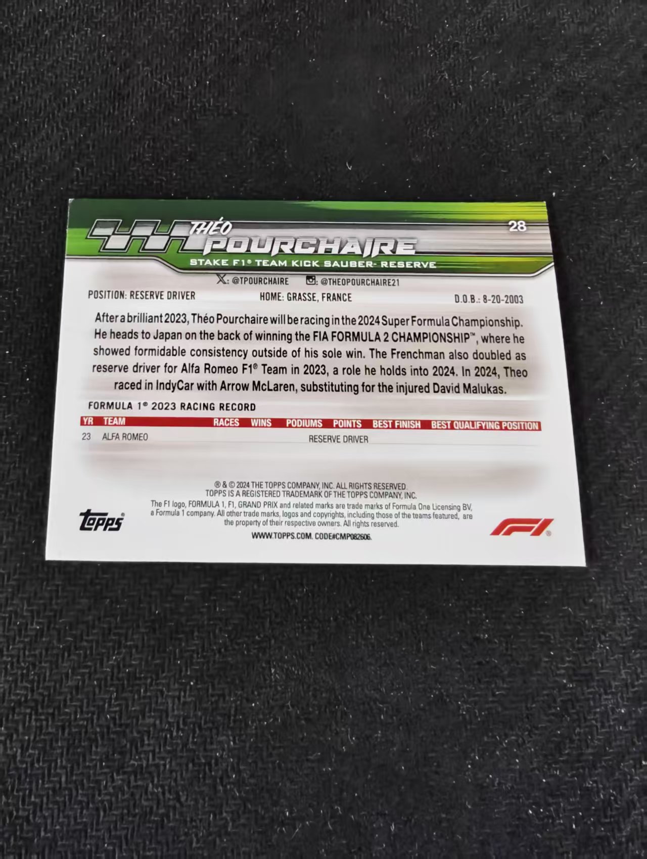 2024 Topps PADDOCK PASS Theo Pourchaire 西奥 普尔谢尔 索伯车队 围场通行证 划痕 边角瑕疵 @28