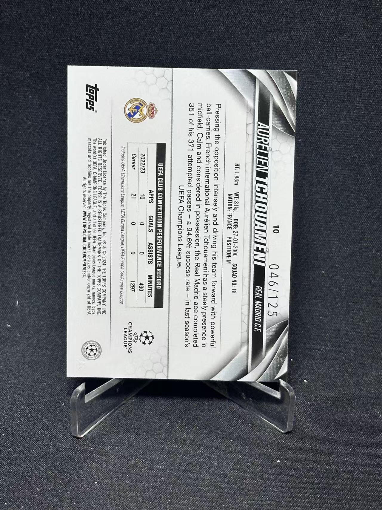 2024 Topps UEFA Champions League aurelien tchouameni 【哆哆卡社】奥雷利安·楚阿梅尼 125编 蓝折 欧冠 受潮瑕疵卡 卡品如图