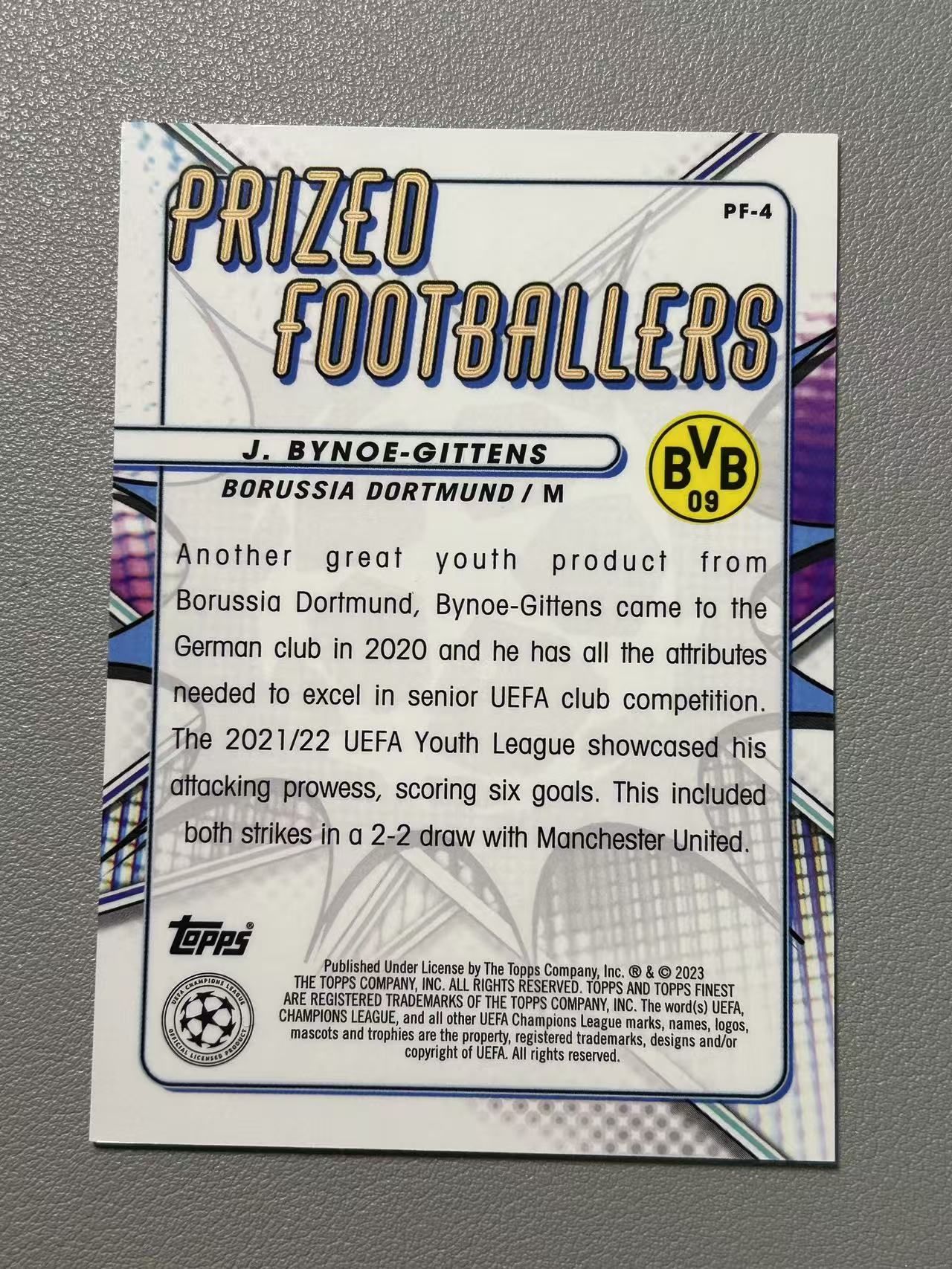 【阿泽代卖】2023 Topps Finest J Bynoe-Gittens 欧战 多特蒙德 新秀 RC 吉滕斯 /299编 折射 紫折 Prized 带编 选图巨帅 卡品如图 介意勿拍