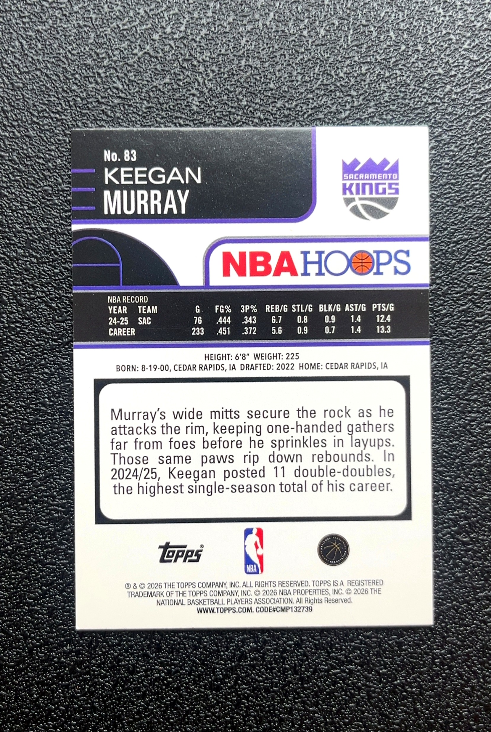 【小白1%代卖】2026 Topps NBA HOOPS Keegan Murray 基根·穆雷 银格子折 折射 卡品如图 高价值 #83 Sacramento Kings 0019#144