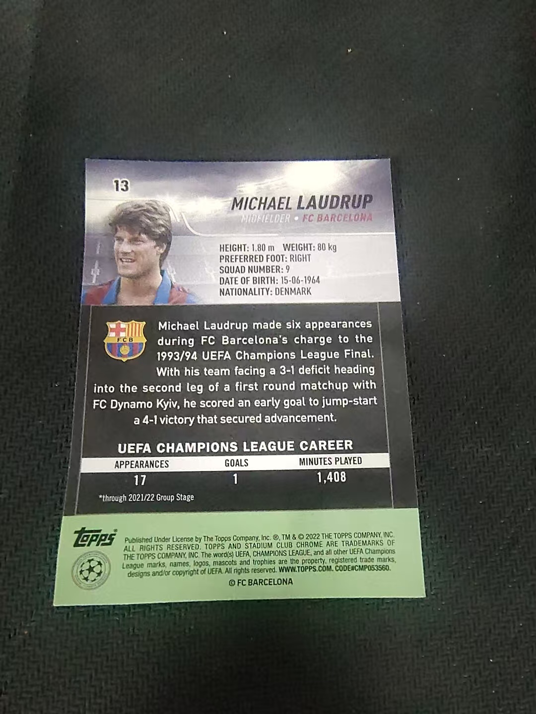 【可合并,不累计】2022 Topps Stadium Club Chrome Michael Laudrup 巴萨 劳德鲁普 竞技场 欧冠 划痕 边角瑕疵 #13
