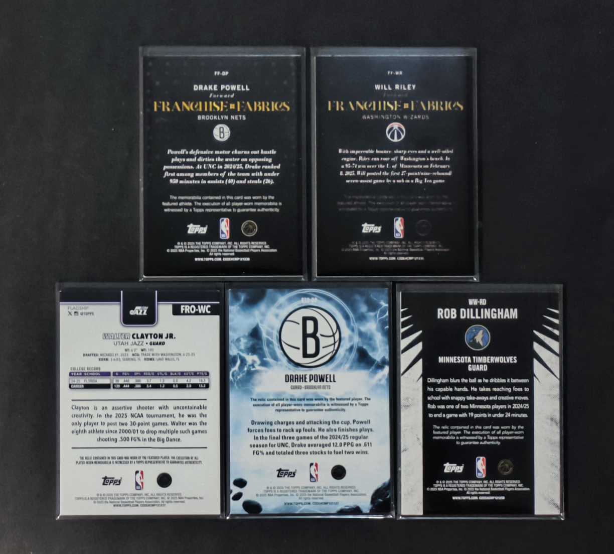 2025 Topps Flagship Drake Powell RC 篮网 德雷克-鲍威尔 爵士 小沃尔特-克莱顿 奇才 威尔-莱利 森林狼 罗伯特-迪林厄姆 球衣物料实物卡 5张lot 打包