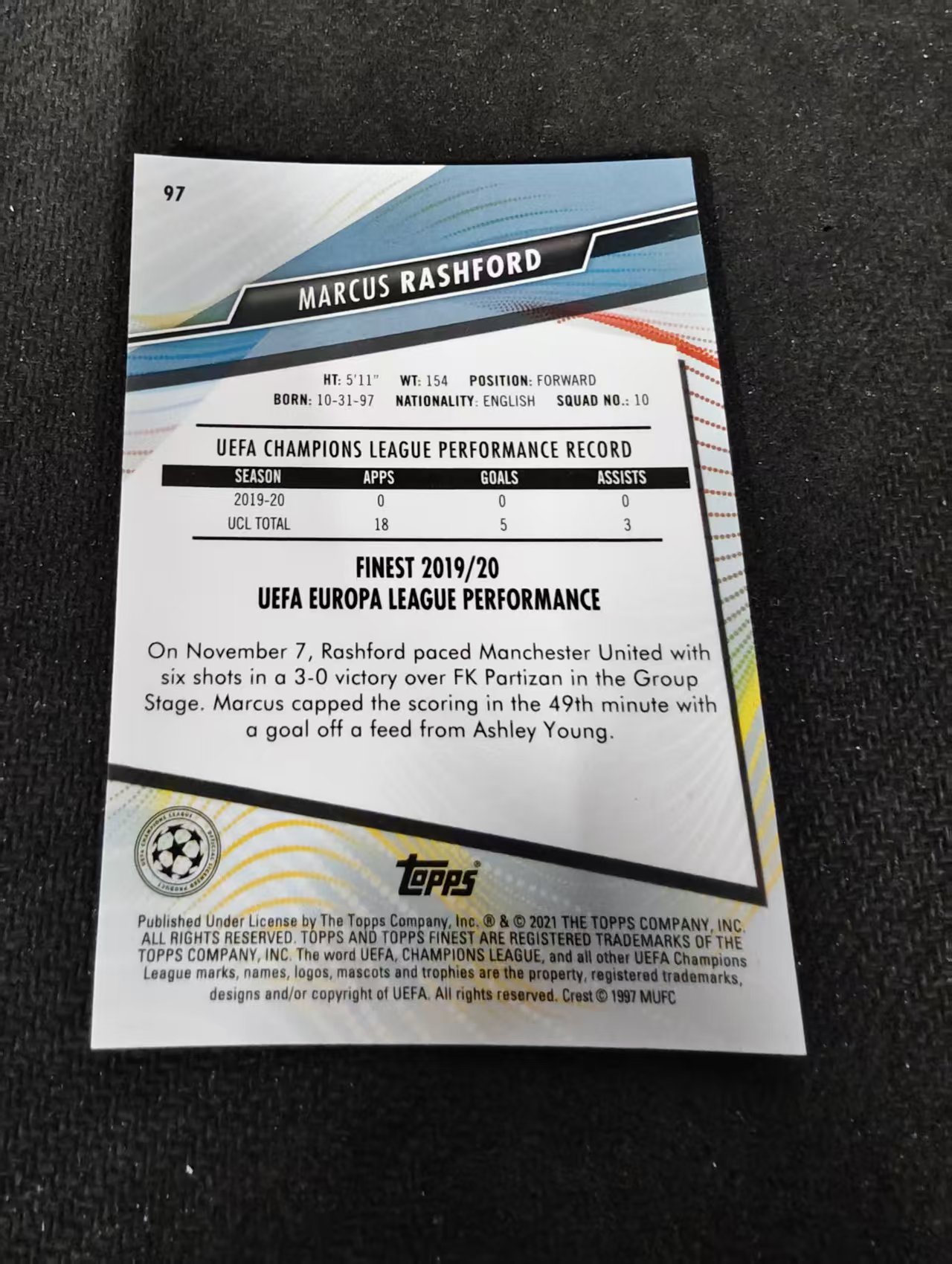 【可合并,不累计】2021 Topps Finest Marcus Rashford 曼联 英格兰 拉什福德 拉师傅 欧冠 划痕 边角瑕疵 #97