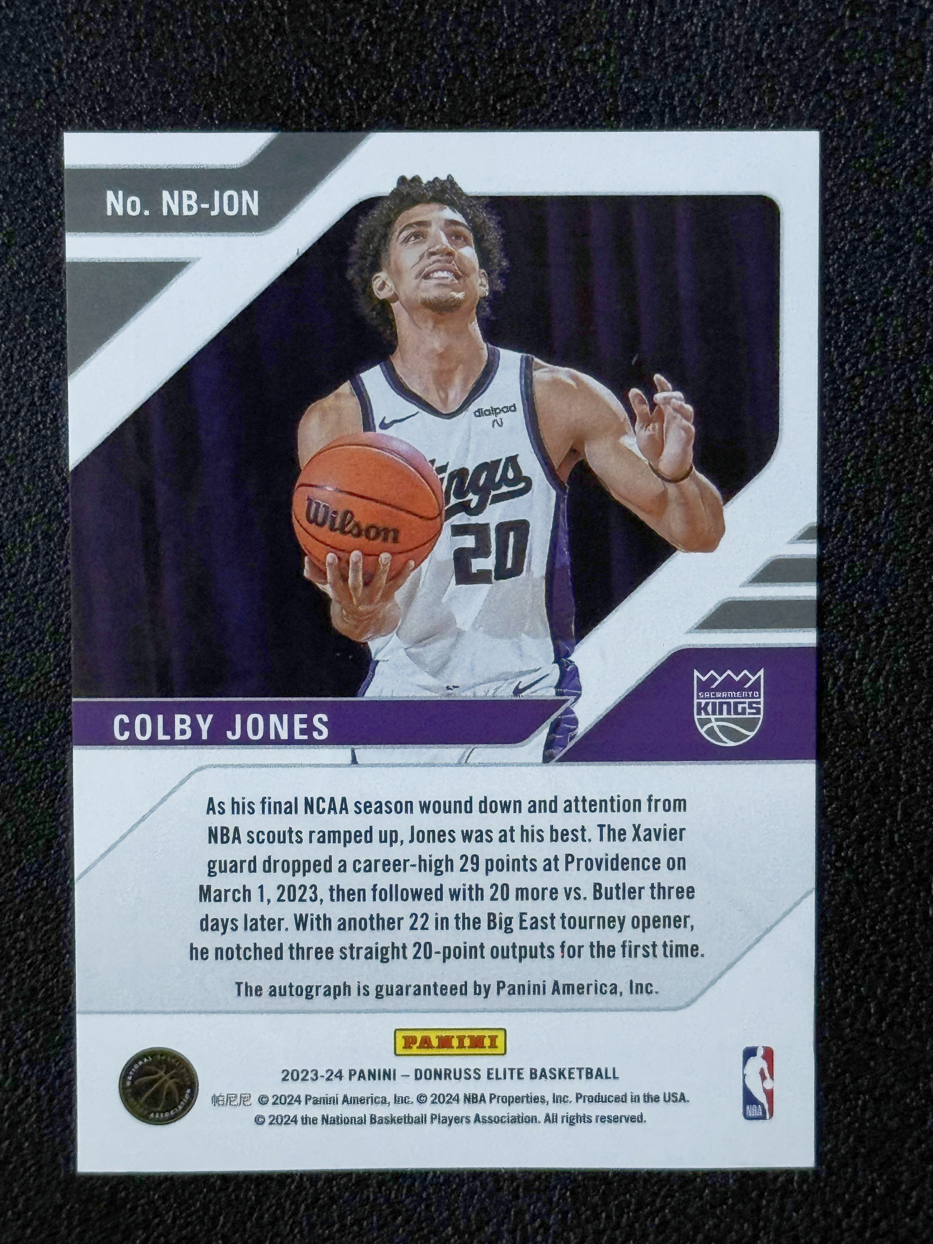 2023-24 Panini 杜蕾斯精英 Colby Jones 【老虎拍卖】杜蕾斯精英 科尔比琼斯 贴签 签字 国王