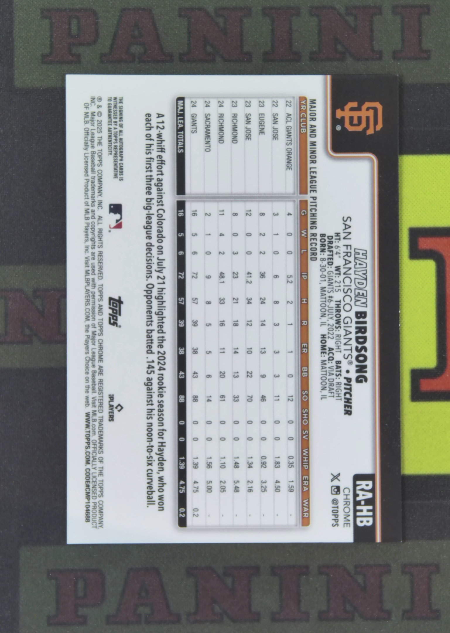 2025 Topps Chrome Hayden Birdsong RC Nirvana Project 海登 伯德桑 旧金山巨人 鸟歌 新秀 签字 卡签 TC 卡品如图 收藏必备 吴¥