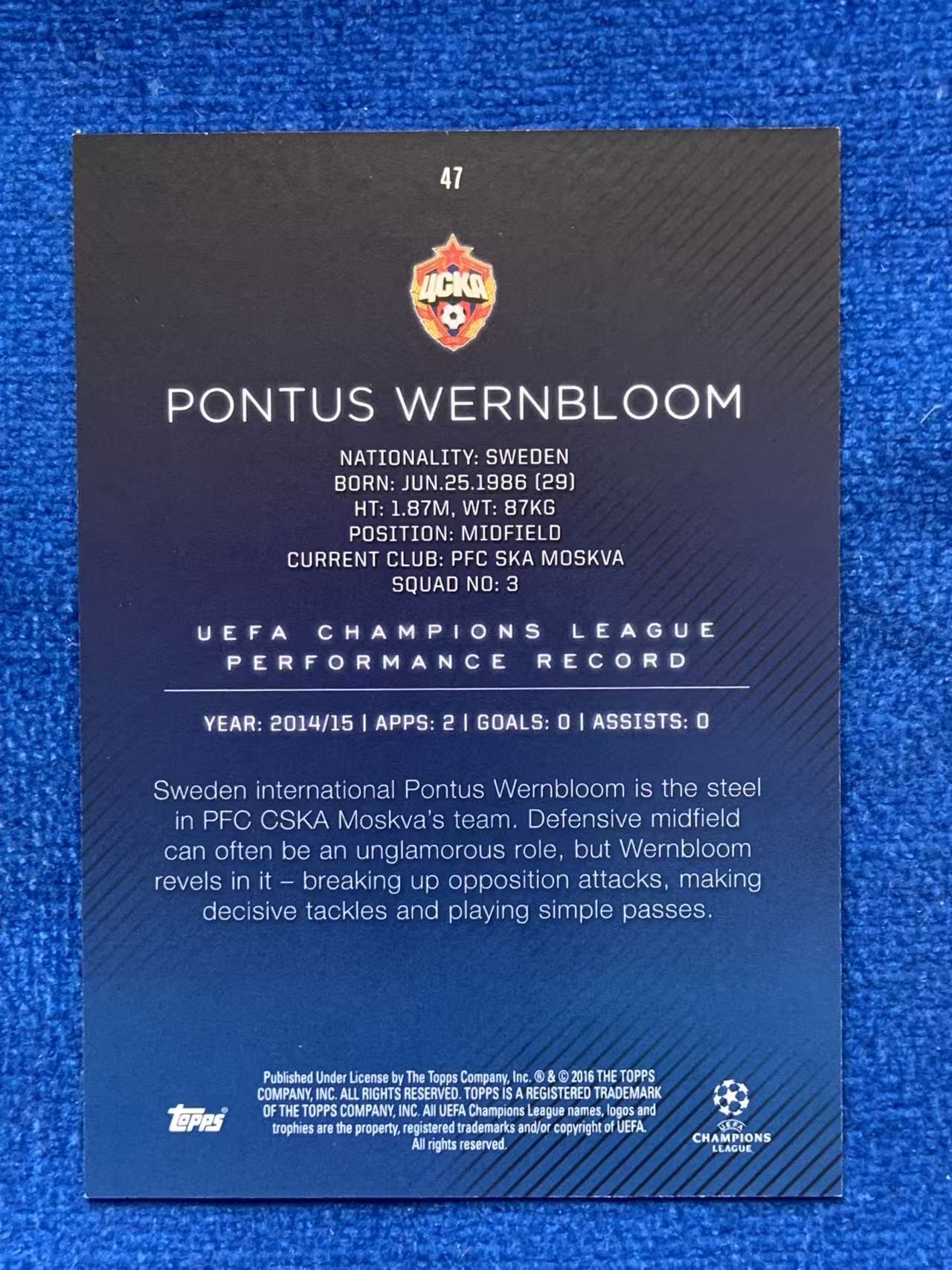 2016 Topps UEFA Champions League Wernbloom 欧冠 50编铜折Bronze 莫斯科中央陆军CSKA Mosco 韦恩布卢姆 瑞典Sweden Göteborg