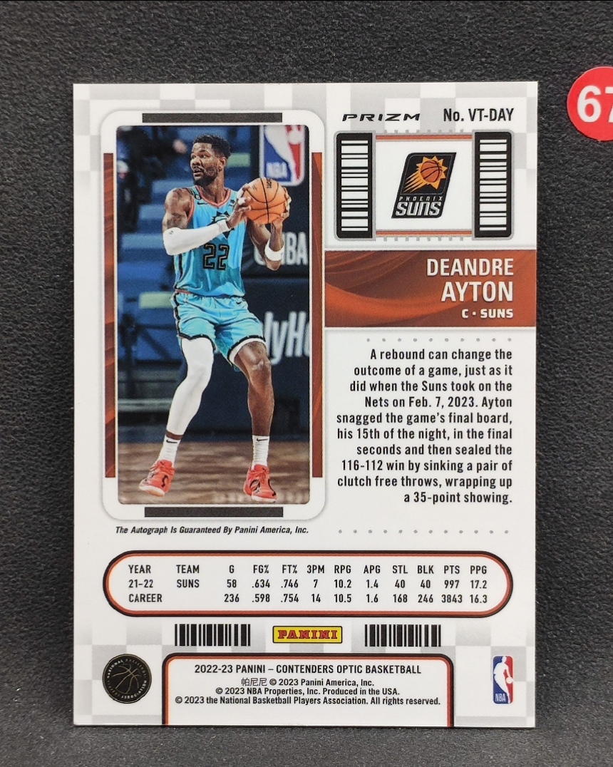 Deandre Ayton 德安德烈艾顿 2022-23 Panini Contenders Optic 球票 OP 签字 签名 卡签 银折折射 太阳队 湖人队 詹姆斯 东契奇 队友通行卡品 微瑕