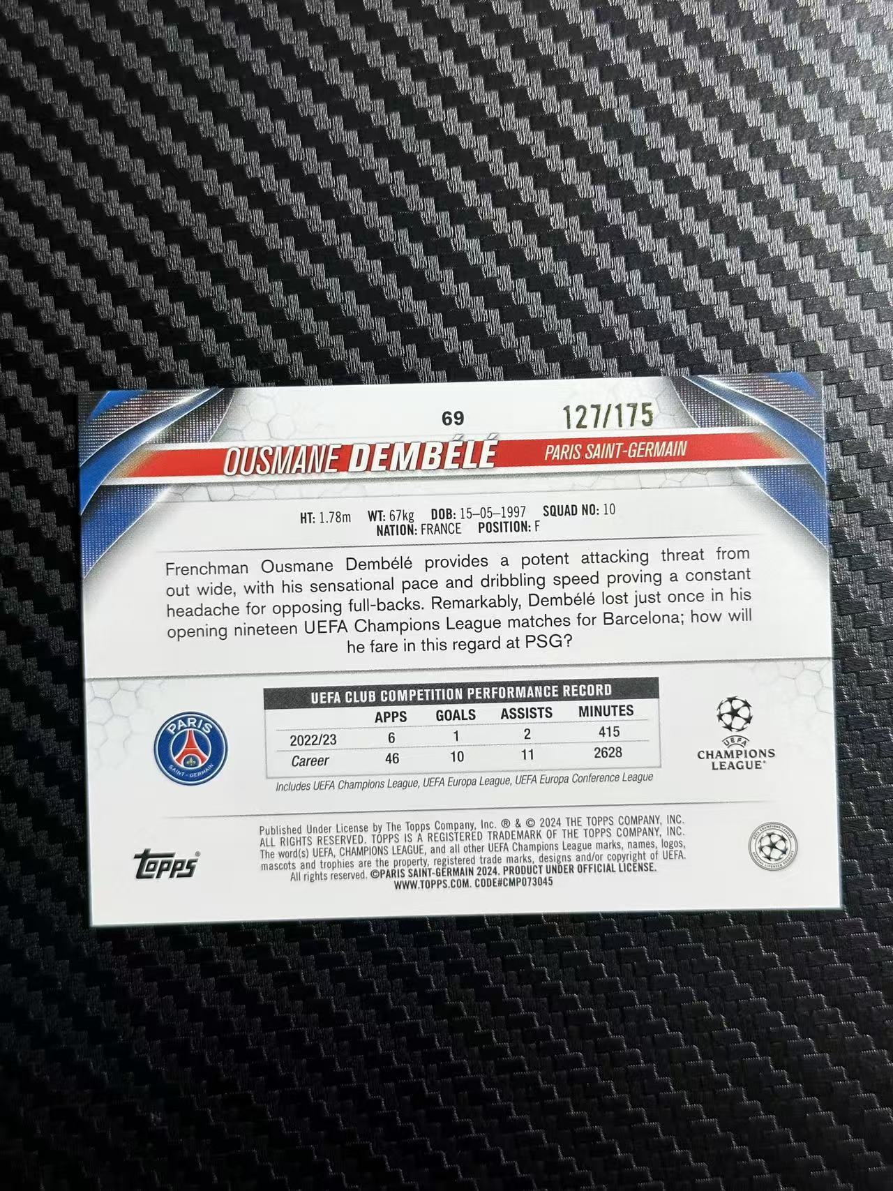 2024 Topps UCC Ousmane Dembélé 欧冠 碧玉 巴黎圣日耳曼 登贝莱 127/175编 蓝玉折 卡品如图 拍前看描述