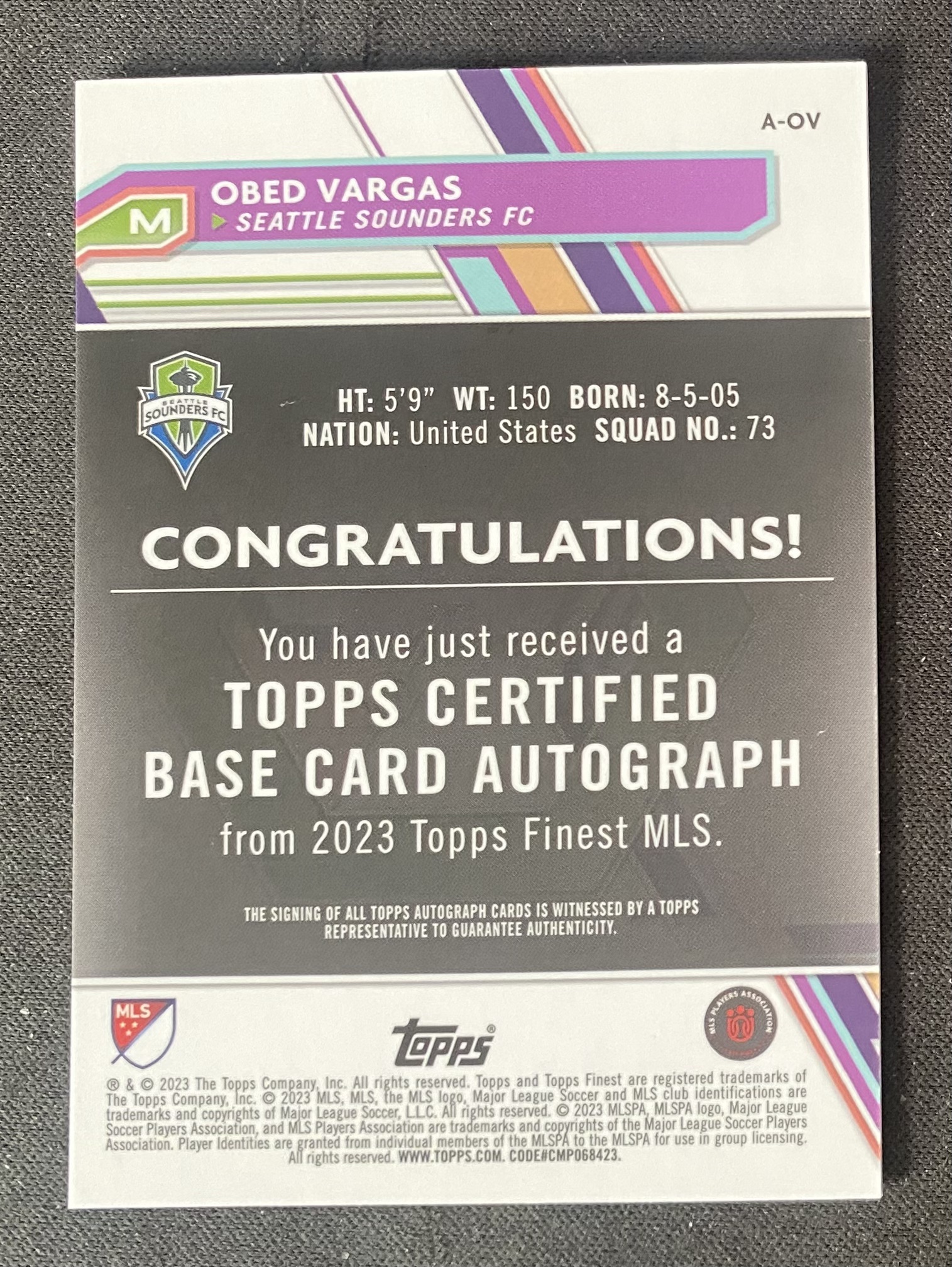 2023 Topps Finest Obed Vargas RC 【来拆波卡】美职联 MLS 西雅图海湾 奥贝德 巴尔加斯 新秀 银折 签字 科技