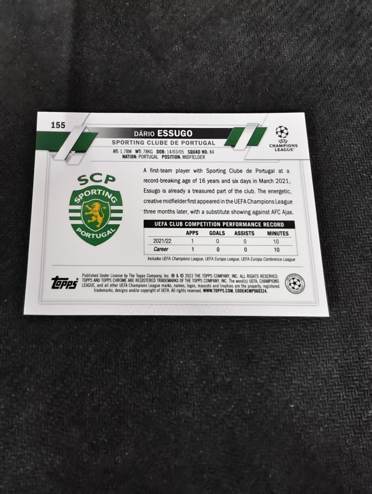 【可合并,不累计】2023 Topps Chrome Dário Essugo RC 达尼奥 埃苏戈 新秀 葡萄牙体育 欧冠 蓝宝石 碎冰折 划痕 边角瑕疵 #155