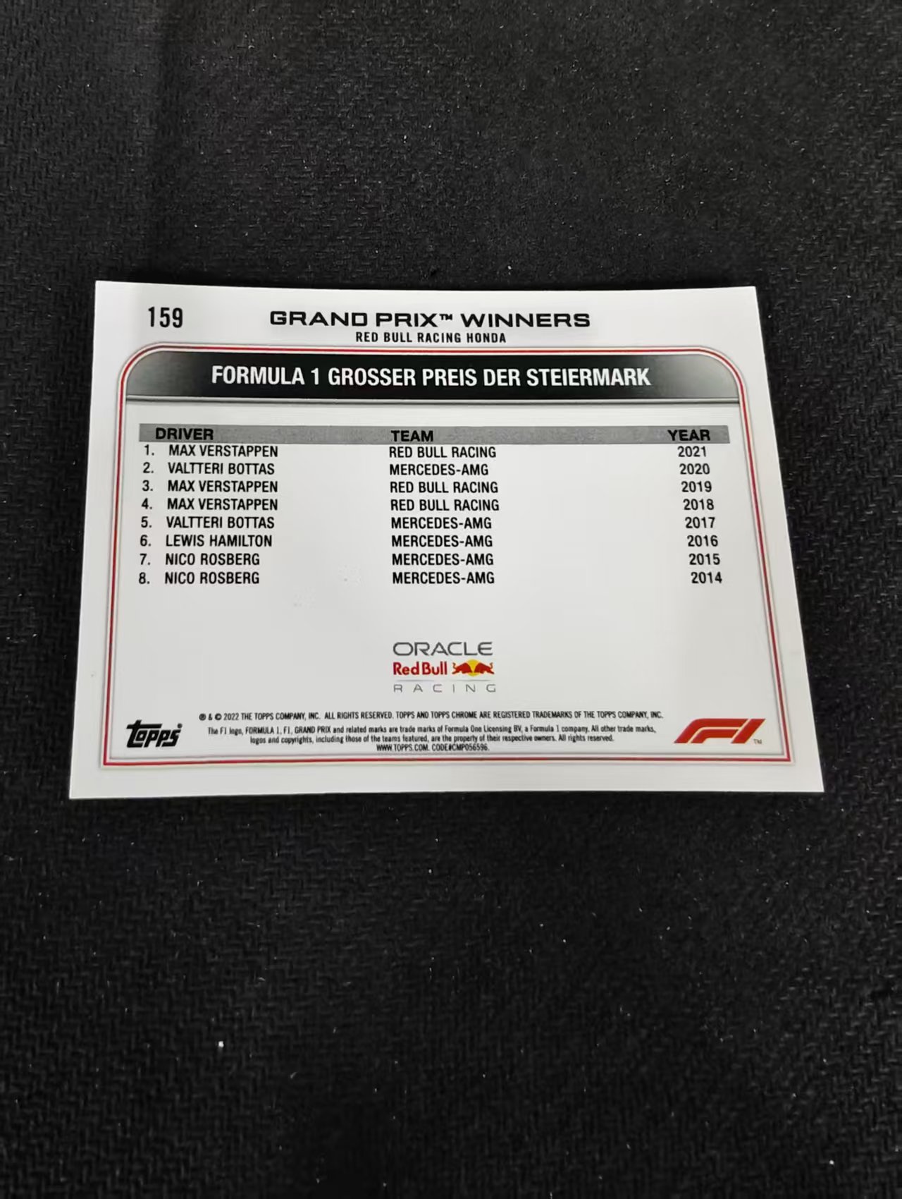 2022 Topps Chrome F1 Max Verstappen 维斯塔潘 红牛 划痕 边角瑕疵 #159