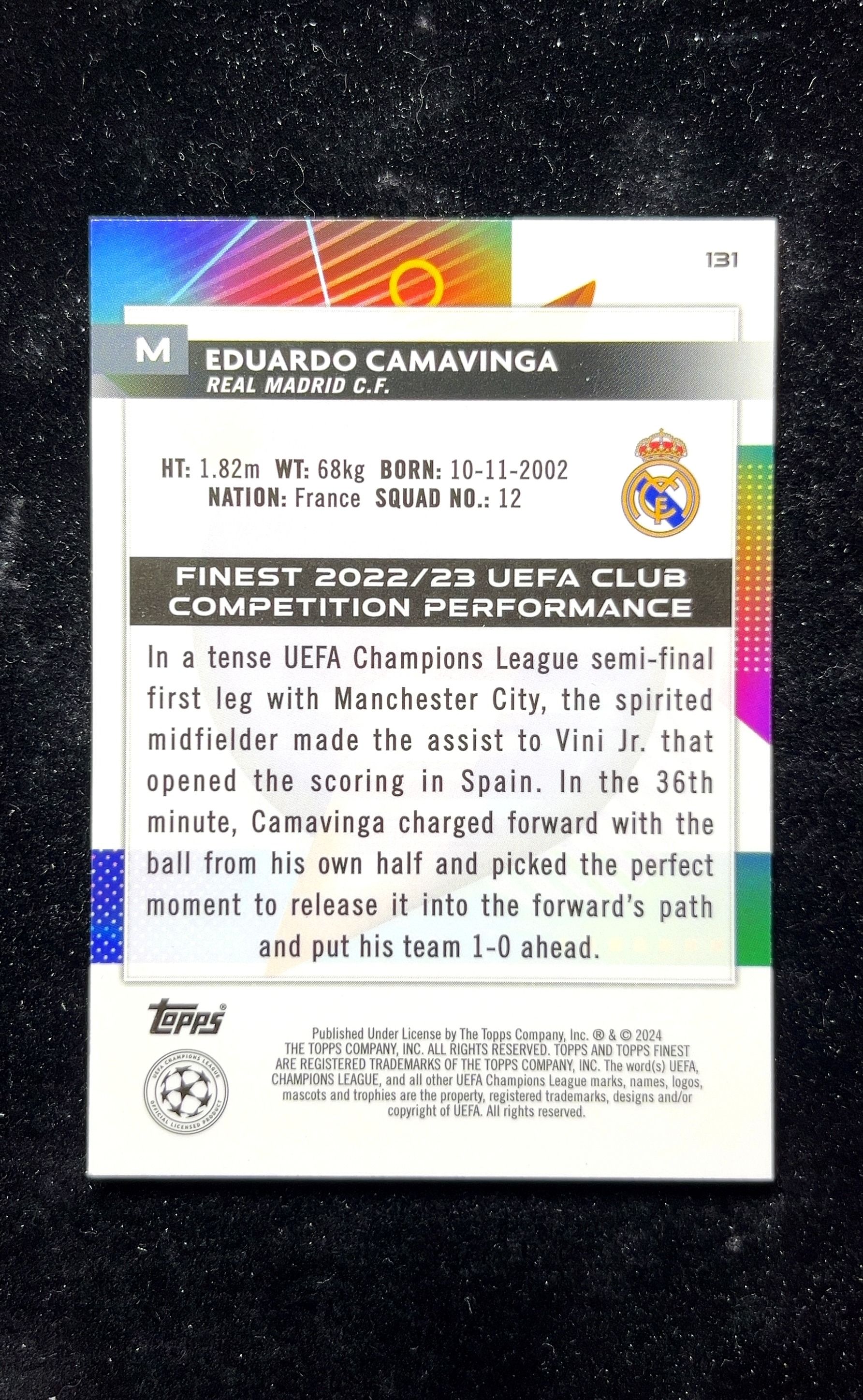 【小白1%代卖】2024 Topps Finest Champions League 欧冠 Eduardo Camavinga 爱德华多·卡马温加 卡品如图 高价值 #131 Real 0625