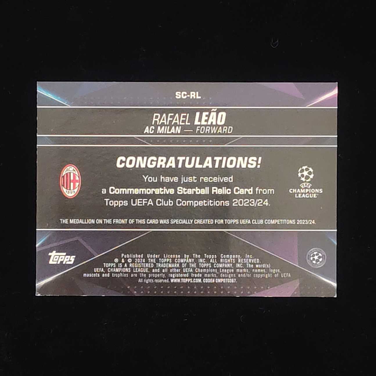 2024 Panini UEFA Champions League Rafael Leao 欧冠 英超 AC米兰 拉菲尔 莱奥 铁块 物料 卡品如图 收藏必备