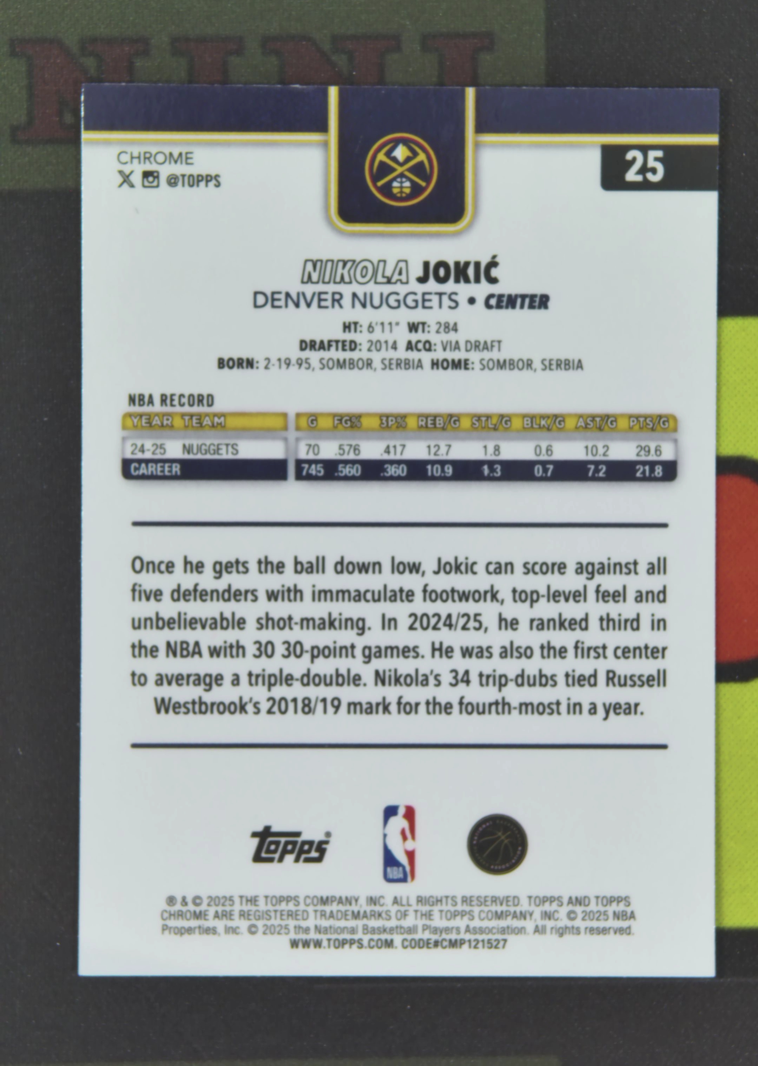 2025-26 Topps Chrome Nikola Jokic Nirvana Project 尼古拉 约基奇 掘金 094/275 黄折 折射 TC 卡品如图 xu001