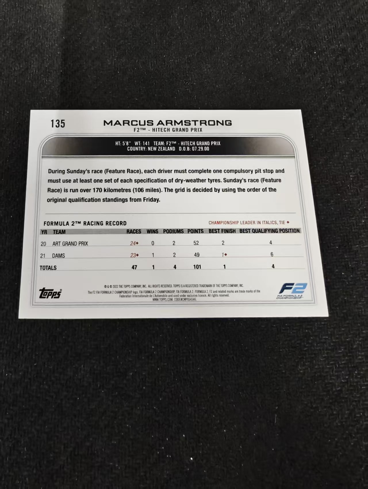 2022 Topps Chrome F1 Marcus Armstrong 马库斯 阿姆斯特朗 F2 黑白棋盘 划痕 边角瑕疵@135