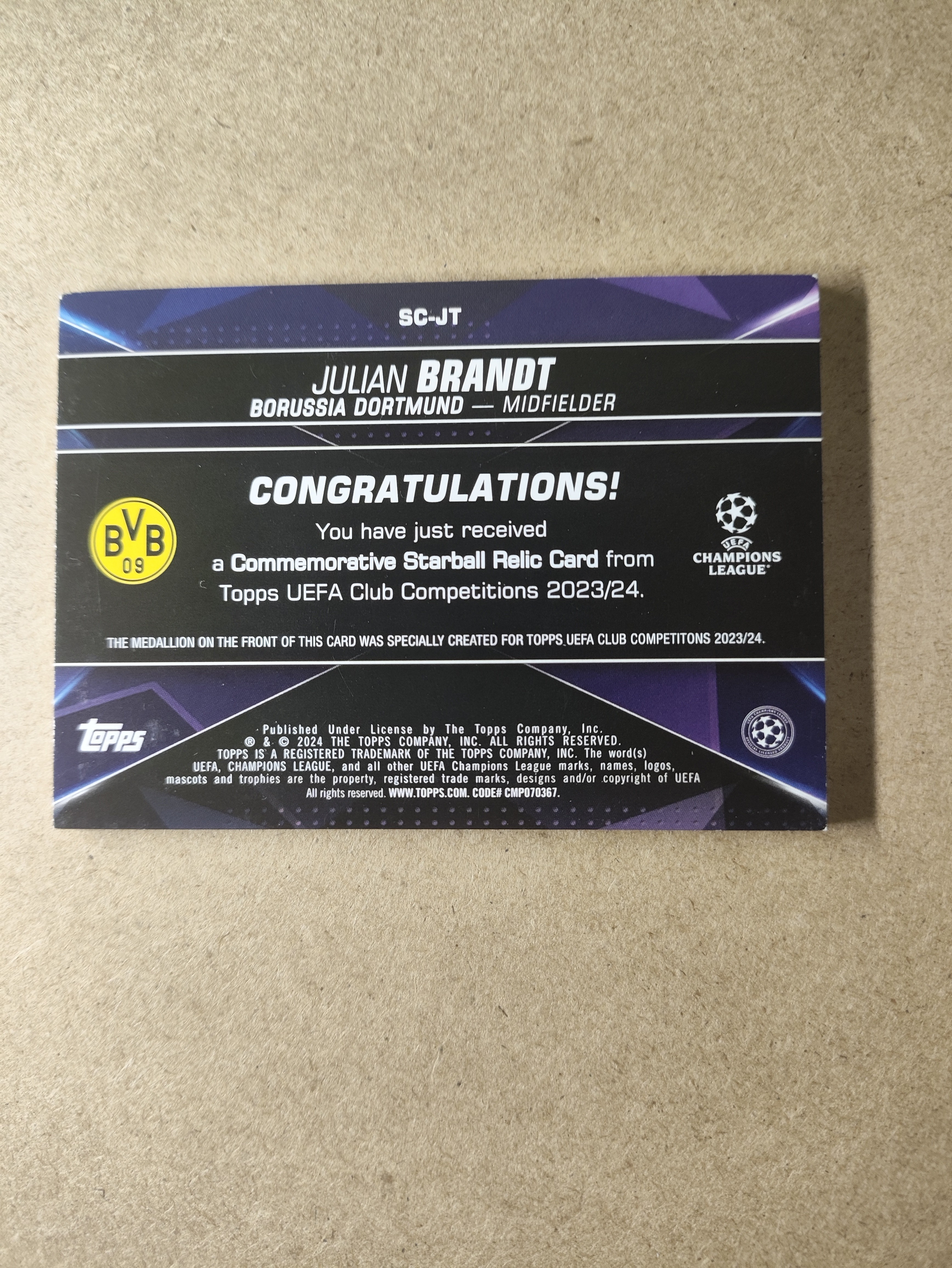 2024 Topps Topps Julian Brandt 欧冠 布兰特 德国 多特蒙德 欧冠logo 铁块 银砖收藏必备 卡品如图 收藏必备