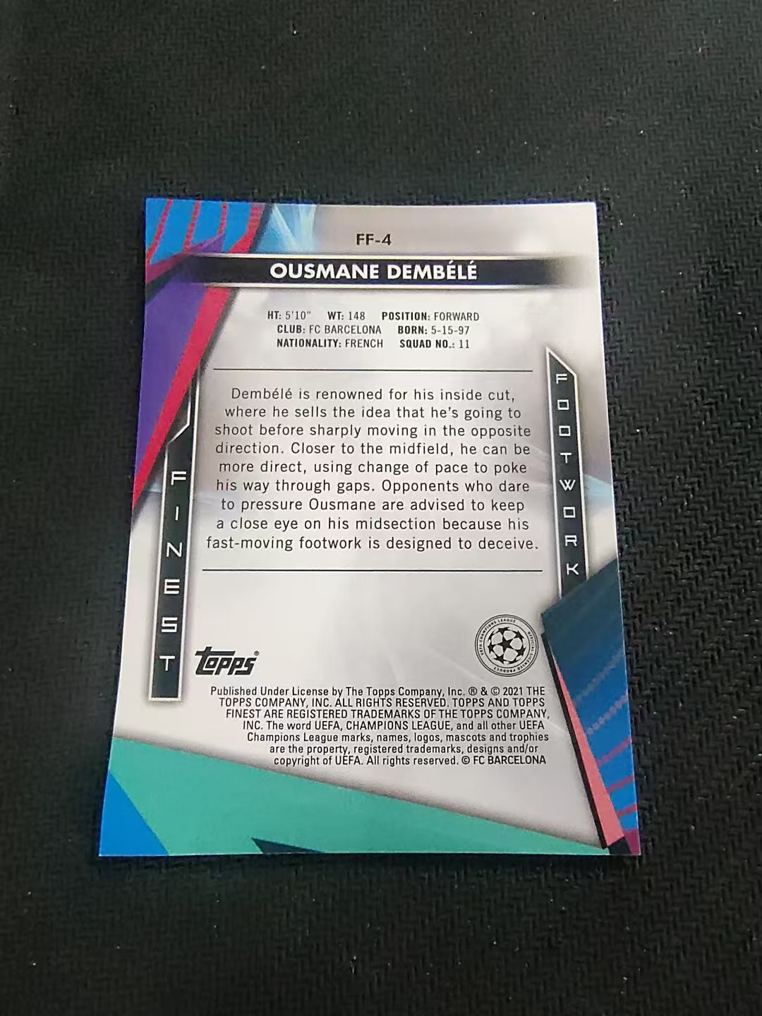 【可合并,不累计】2021 Topps Finest ousmane dembele 奥斯曼 登贝莱 巴黎圣日耳曼 巴萨 巴塞罗那 多特 法国 欧冠 银折 特卡 #4
