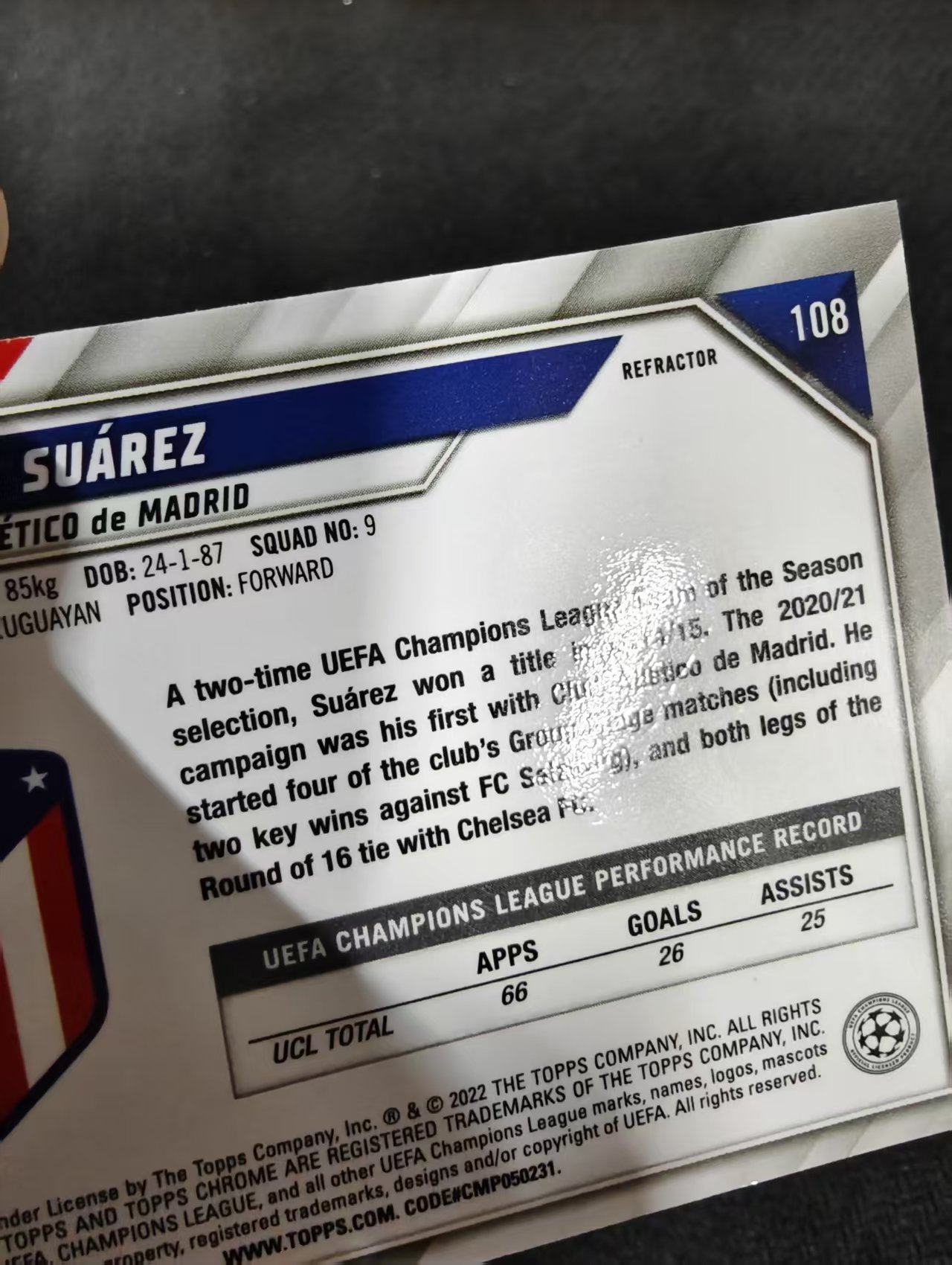 【可合并,不累计】2022 Topps Chrome Luis Suárez 苏亚雷斯 马竞 银折 欧冠 划痕 边角瑕疵 #108