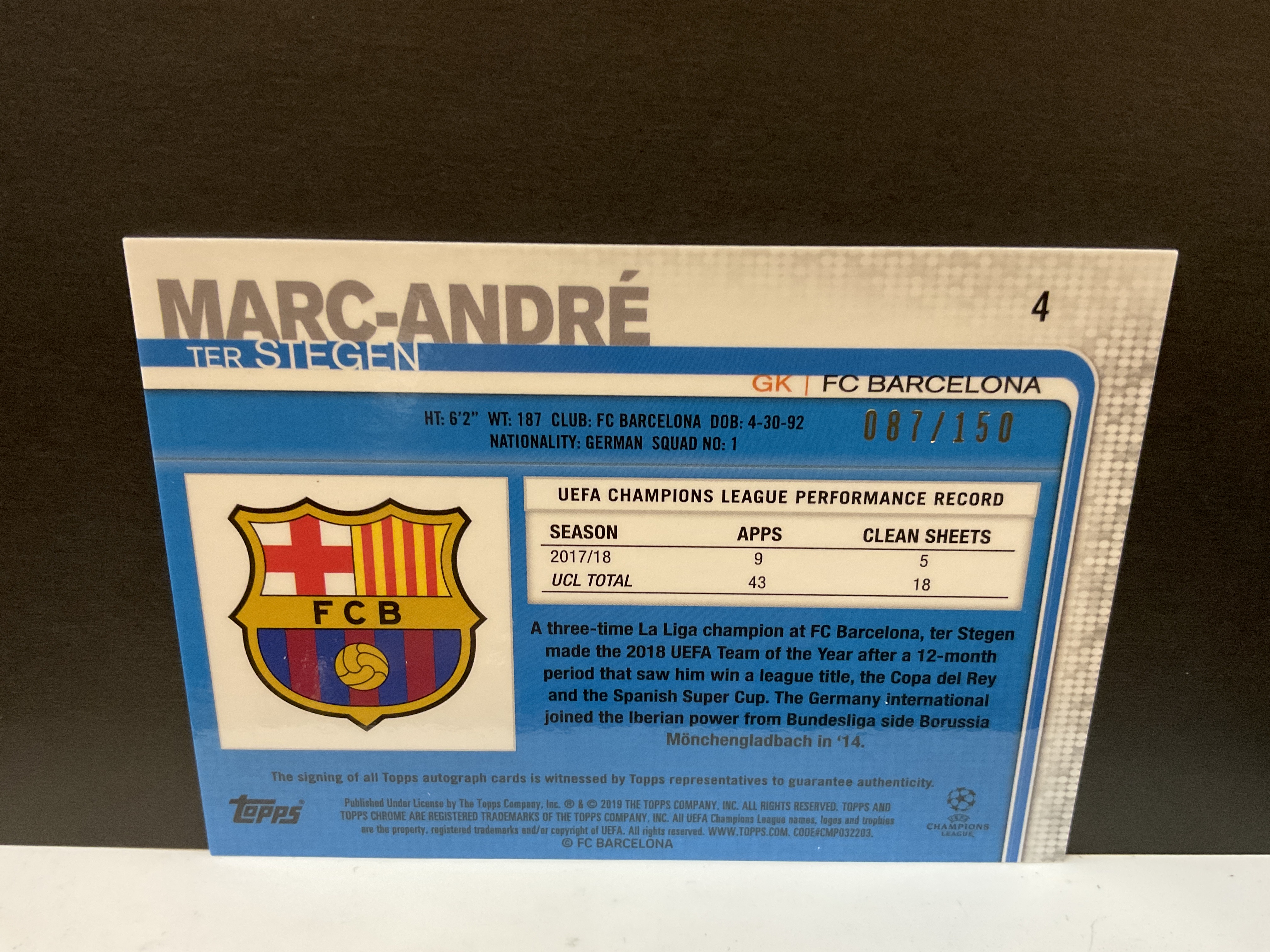 2019 Topps Chrome Marc-Andre ter Stegen 150编 特尔施特根 巴萨 巴塞罗那 德国 欧冠 签字 Marc-André 折射 小狮子 巴萨皮首签 完美签