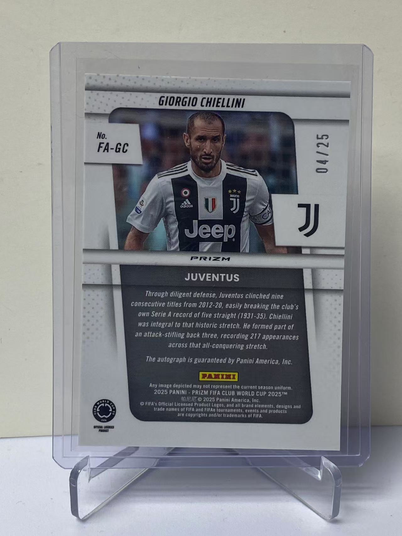 2025 Panini Prizm Giorgio Chiellini 世俱杯PZ 尤文图斯 基耶利尼 签字 4/25编 低编 银mojo折 墨迹如图 收藏必备 卡品如图 9527