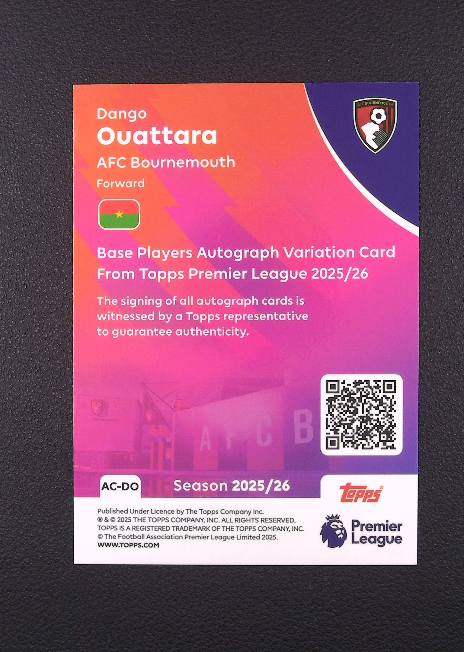 2025 Topps Premier League Dango Ouattara 丹戈 瓦塔拉 签字 贴签 伯恩茅斯【Big M 代拍】 AQ888
