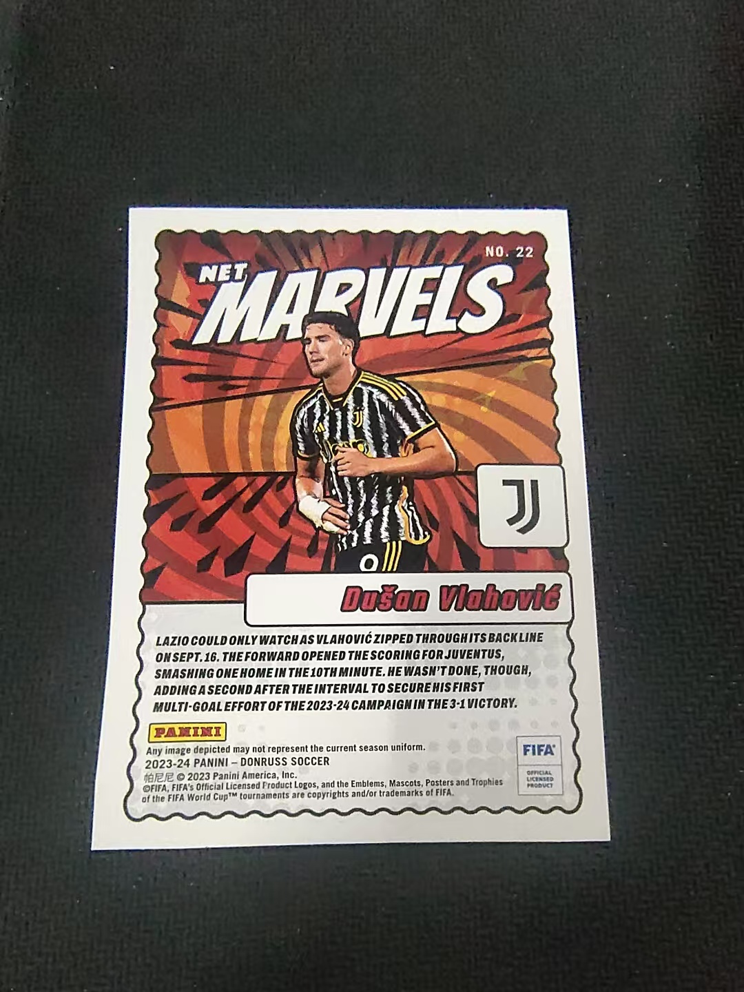 【可合并,不累计】2023-24 Panini Donruss Dusan Vlahovic 杜尚 弗拉霍维奇 杜蕾斯 Marvels 漫威特卡 划痕 边角瑕疵 #22