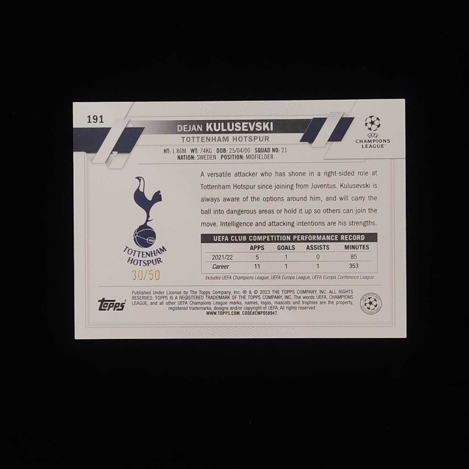 2022-23 Topps UEFA Champions League Dejan Kulusevski 欧冠 UCC 碧玉 热刺 库卢塞夫斯基 金玉折 50编 卡品如图 收藏必备