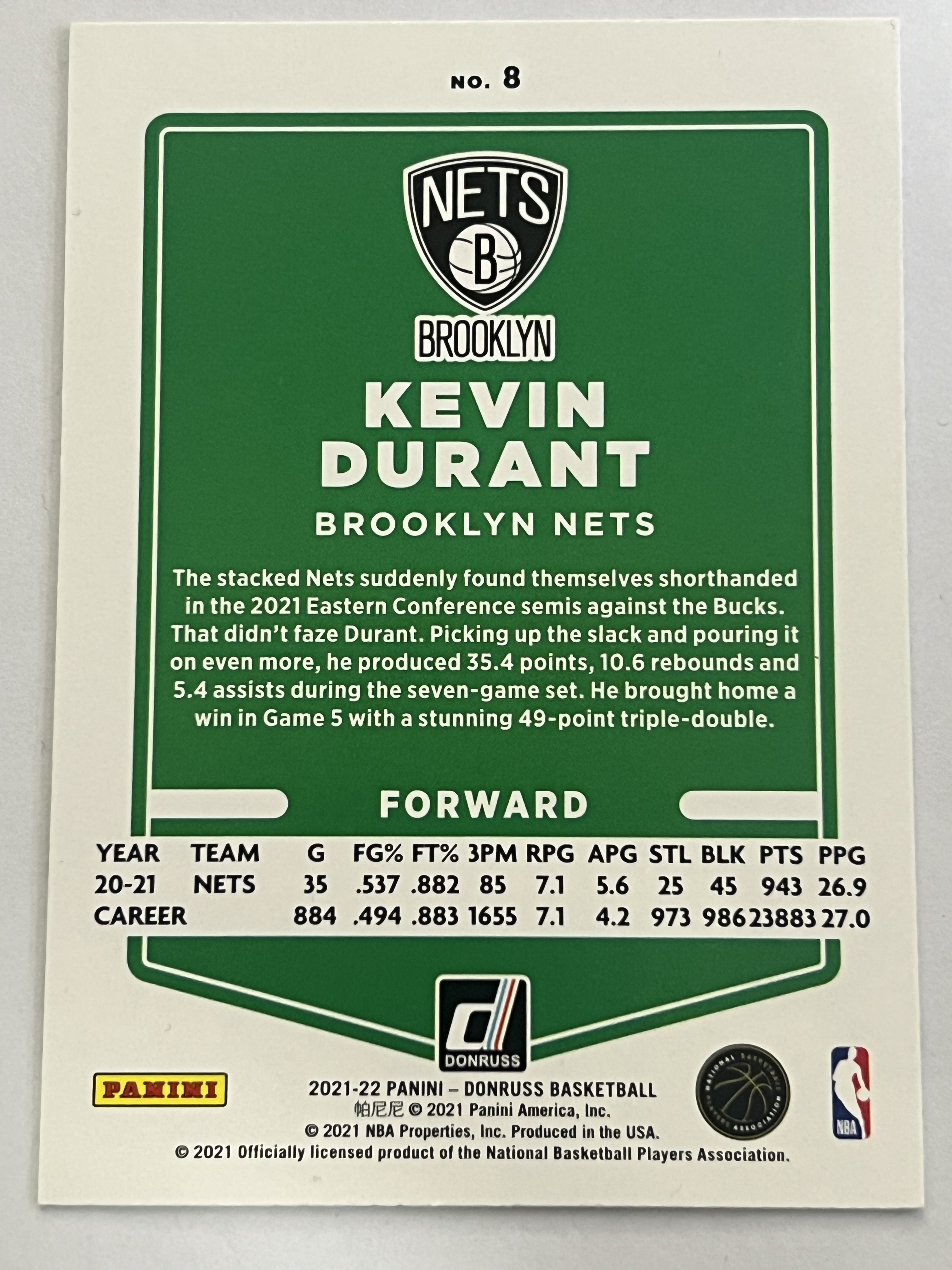 2021-22 Panini Donruss Kevin Durant 凯文 杜兰特 死神 KD 篮网队 《 热门球星 收藏必备 》 凑套必备 实卡精美 #8