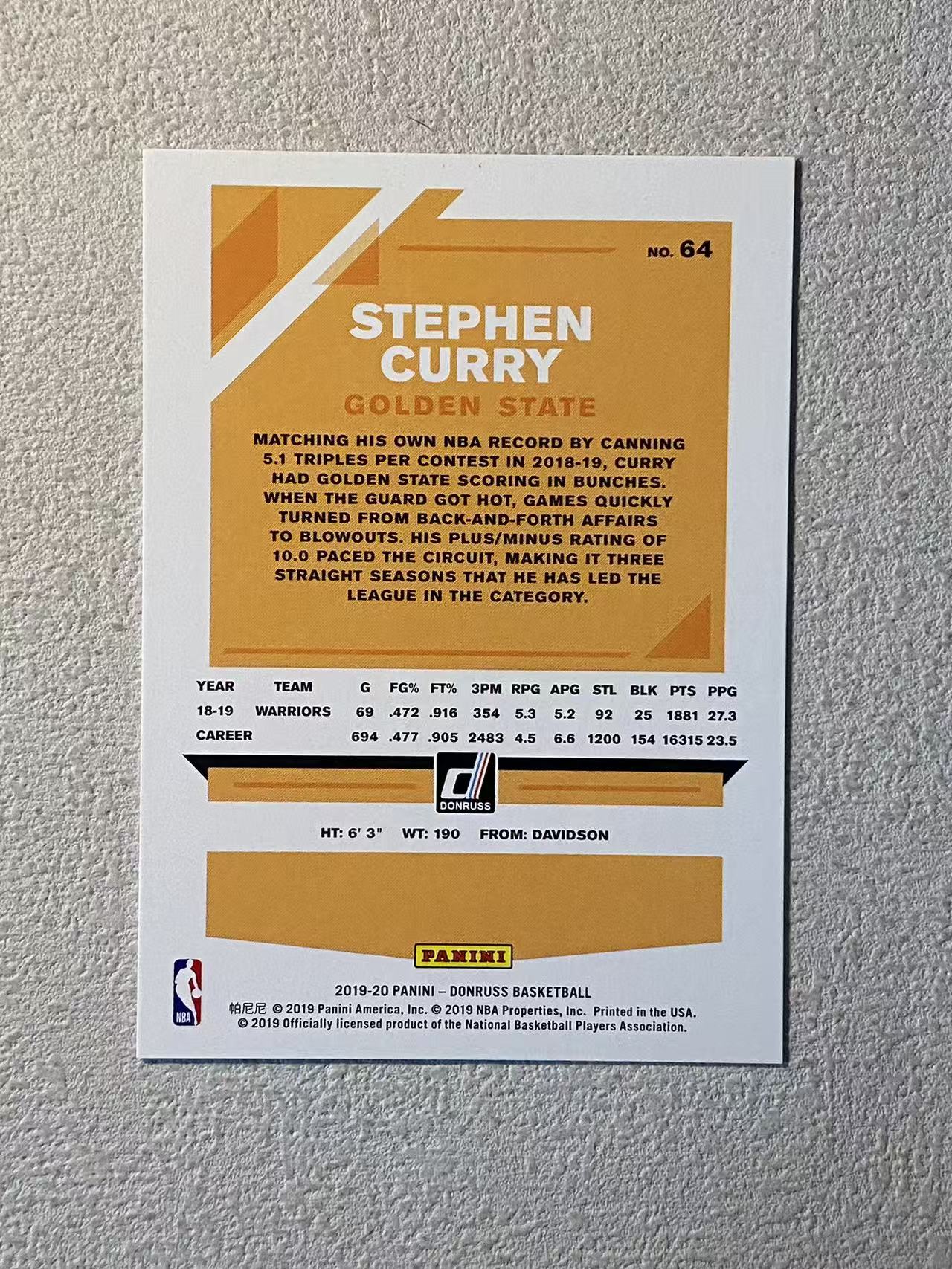 2019-20 Panini Donruss Stephen Curry 杜蕾斯 勇士 斯蒂芬 库里 /199编 经典选图 实卡好看 收藏必备