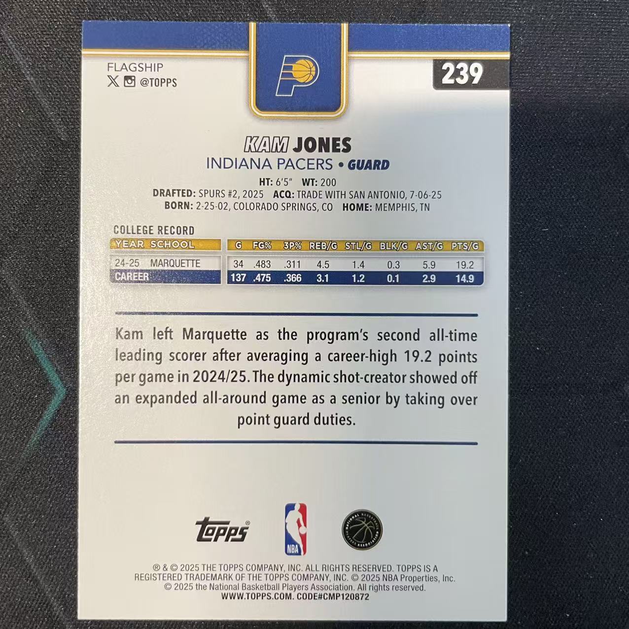 2025 Topps flagship Kam Jones RC 【阿福代卖】卡姆 琼斯 步行者 新秀 2025编 年份编 收藏必备(行行行A)