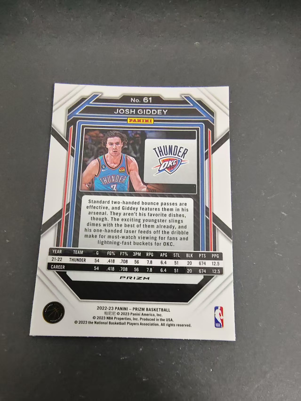 【可合并,不累计】2022-23 Panini Prizm Josh Giddey 约什 吉迪 雷霆 PZ 银折 划痕 边角瑕疵 #61
