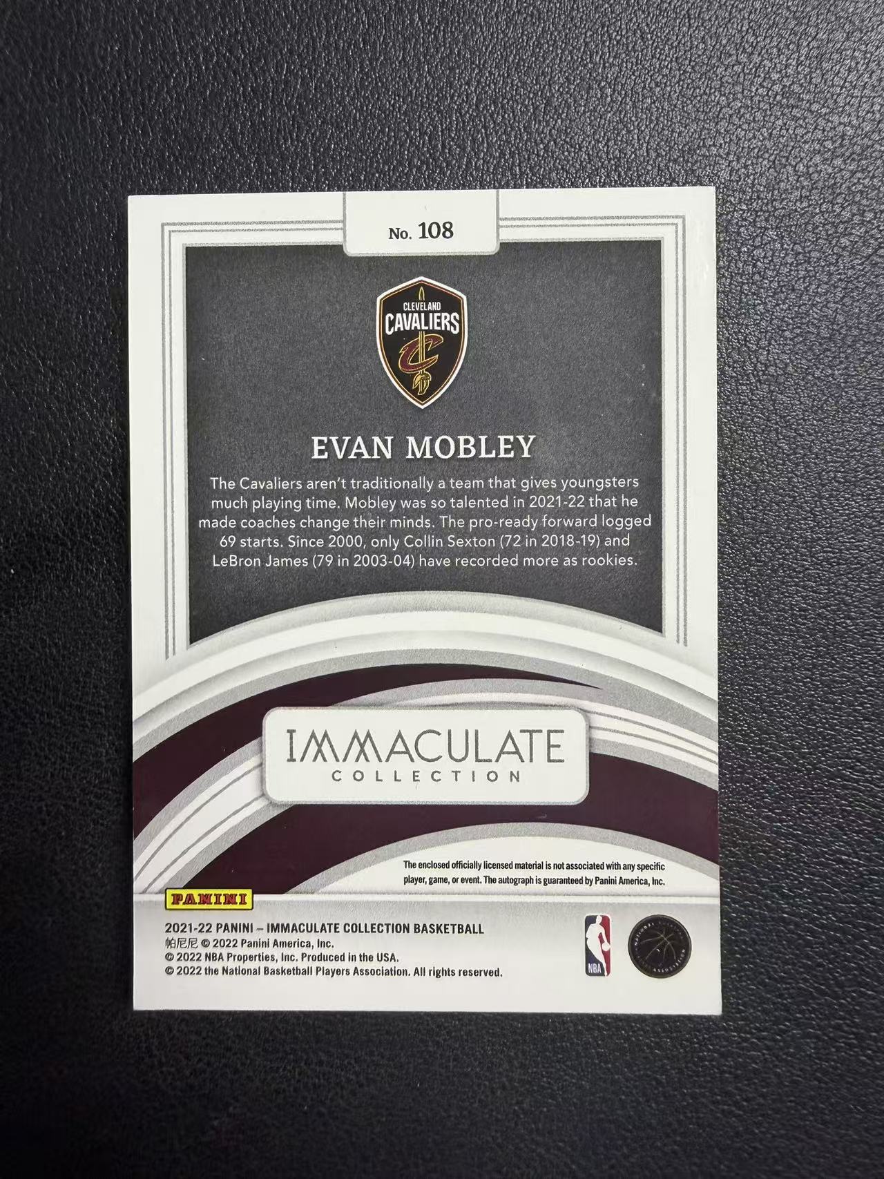 2021-22 Panini Immaculate Evan Mobley RC 爱咪咪 骑士 埃文 莫布利 新秀年 49编 卡签 三色 球衣 切割 卡品如图 榊