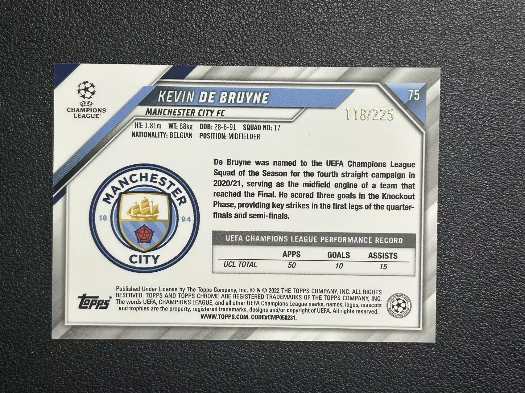2022 Topps Chrome Kevin De Bruyne 凯文 德布劳内 折射 欧冠 曼城 225编 卡品如图 【隆冬强】