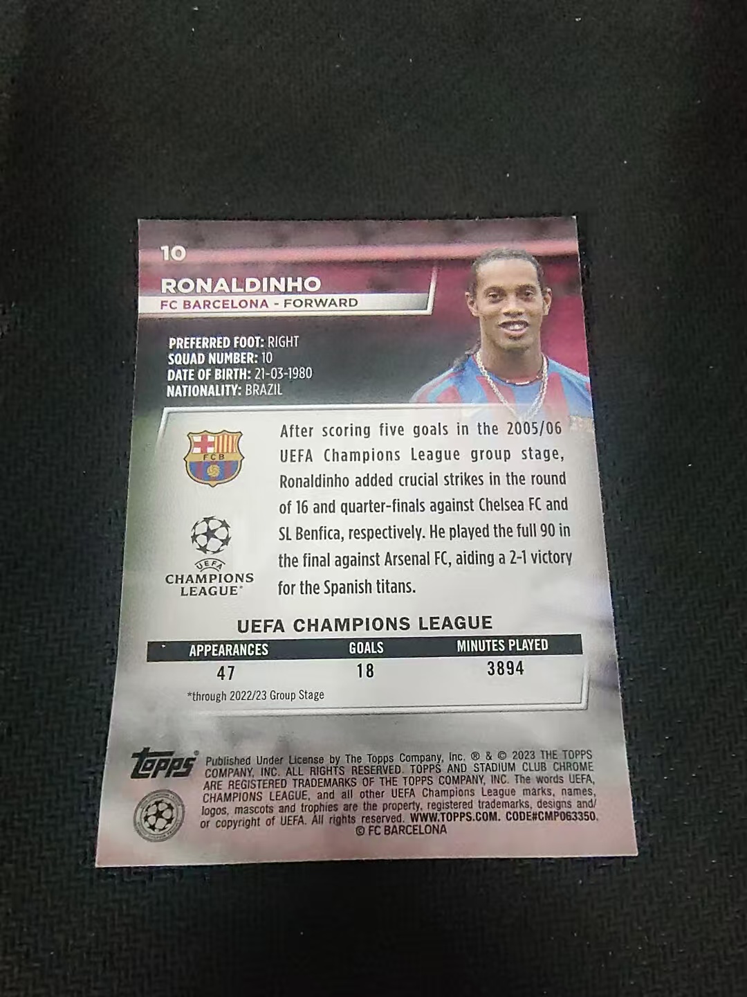 【可合并,不累计】2023 Topps Stadium Club Chrome Ronaldinho 巴萨 罗纳尔迪尼奥 小罗 竞技场 欧冠 划痕 边角瑕疵 #10