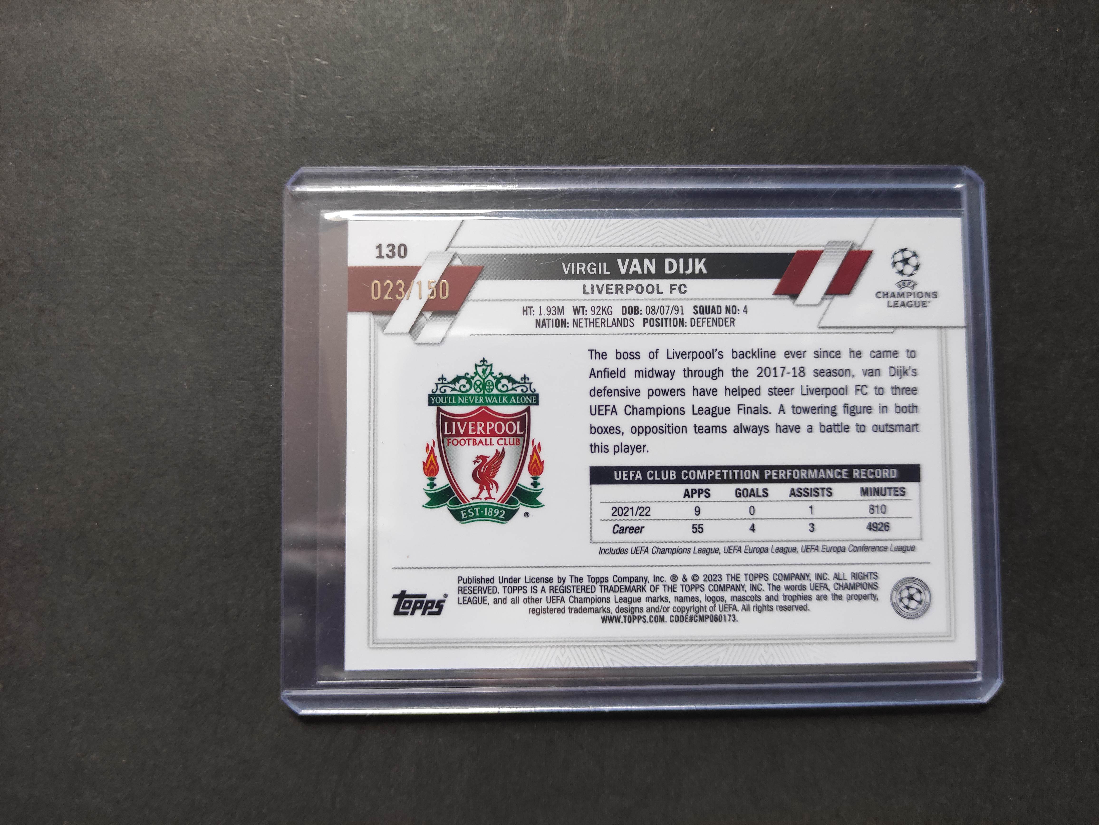 2023 Topps Chrome Virgil van Dijk 【进击卡社】欧战 欧冠 蓝折 利物浦 范戴克 限量023/150编 专收必备