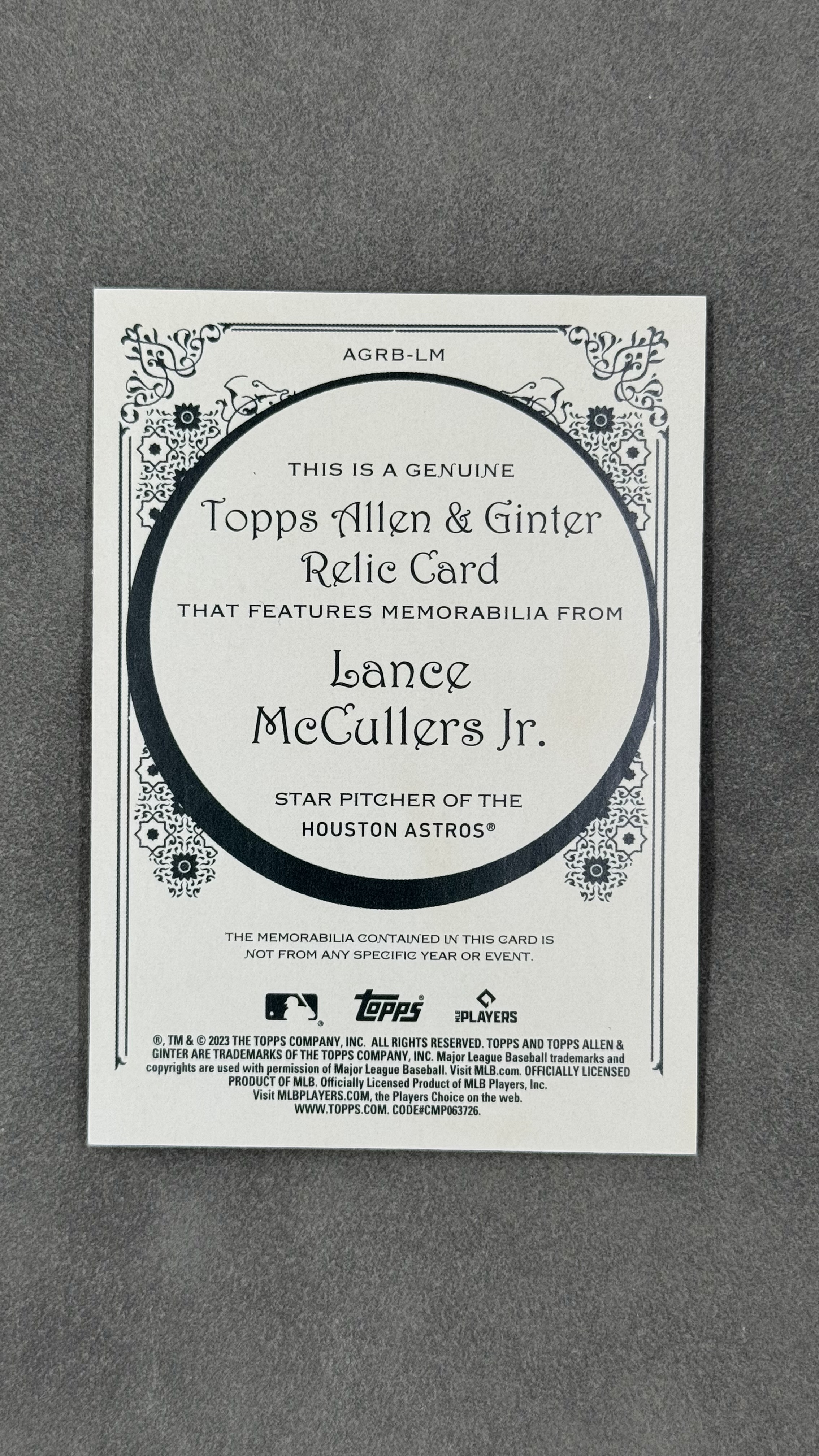 2023 Topps Allen & Ginter Lance McCullers Jr. 太空人队 小兰斯・麦卡勒斯 小窗球衣切割 球衣物料 实卡好看 值得凑套收藏 #AGRB-LM