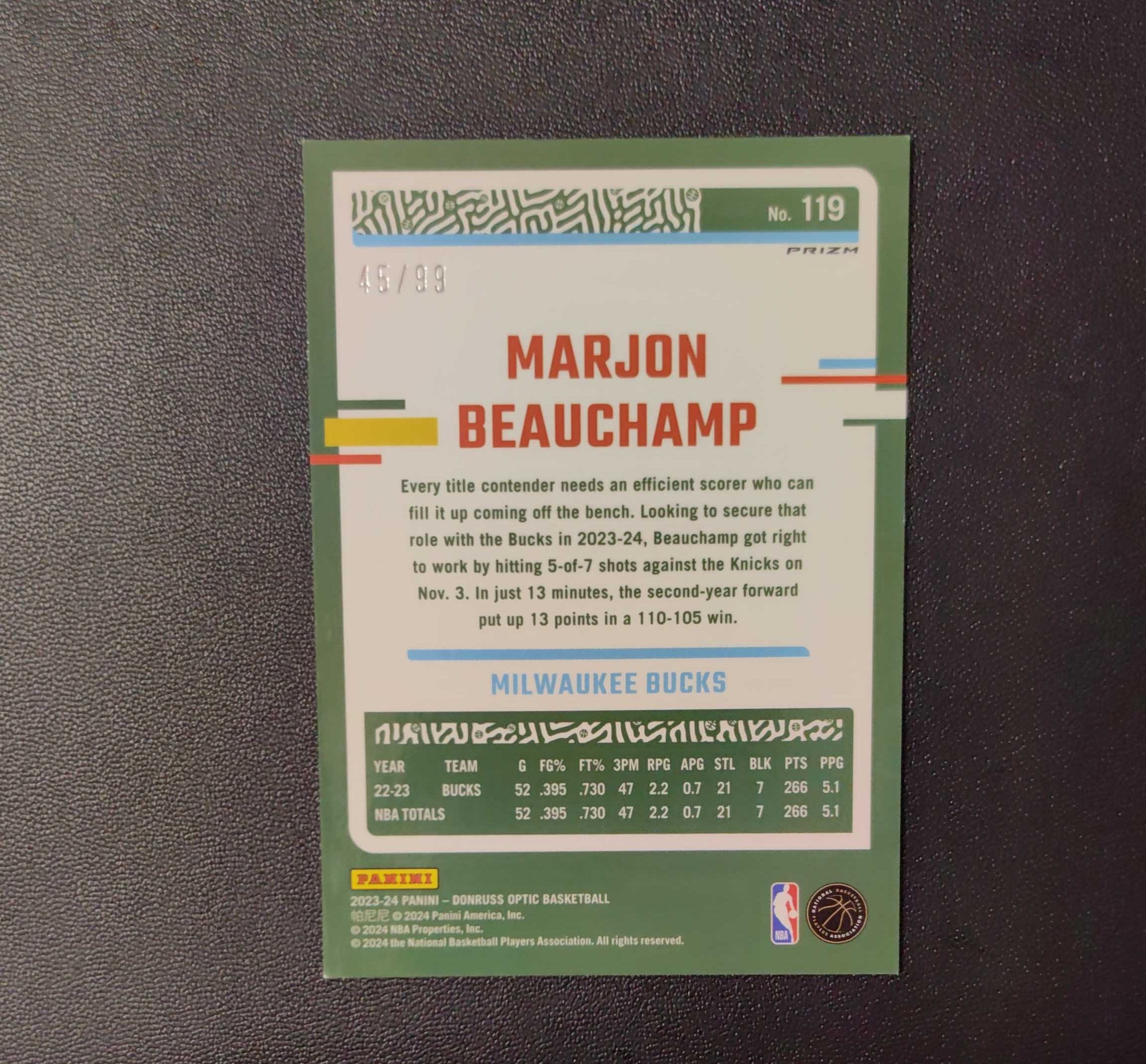 2023-24 Panini Donruss Optic Marjon Beauchamp 杜蕾斯OP 雄鹿 马乔恩比彻姆 铜闪折 99编 字母哥 库里 东契奇 詹姆斯 勇士 湖人 文班亚马