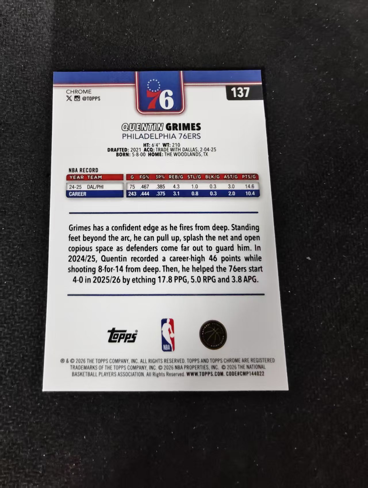2026 Topps Chrome Update Quentin Grimes 昆汀 格莱姆斯 76人 TCU 划痕 边角瑕疵 #137